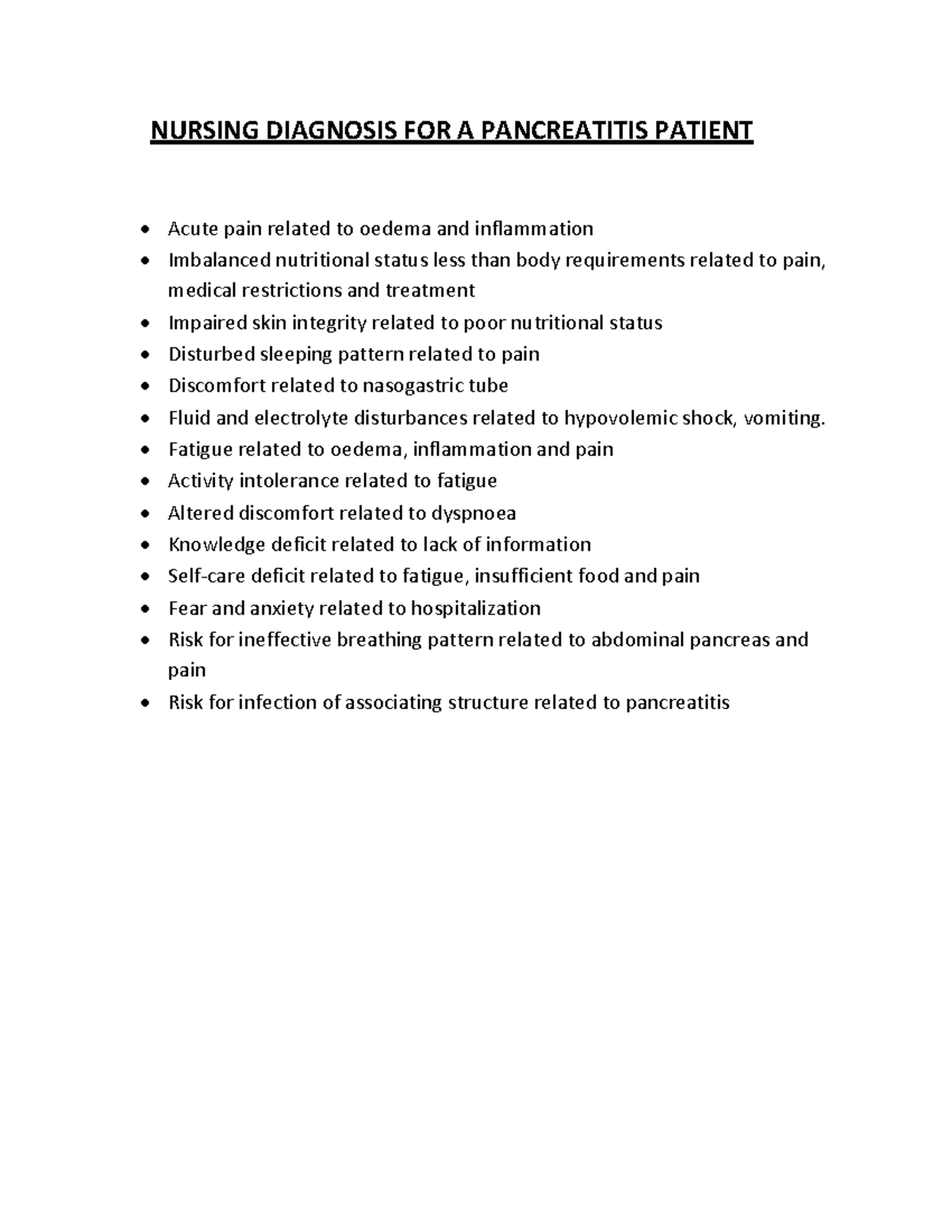 Nursing Diagnosis - Pancreatitis - NURSING DIAGNOSIS FOR A PANCREATITIS ...