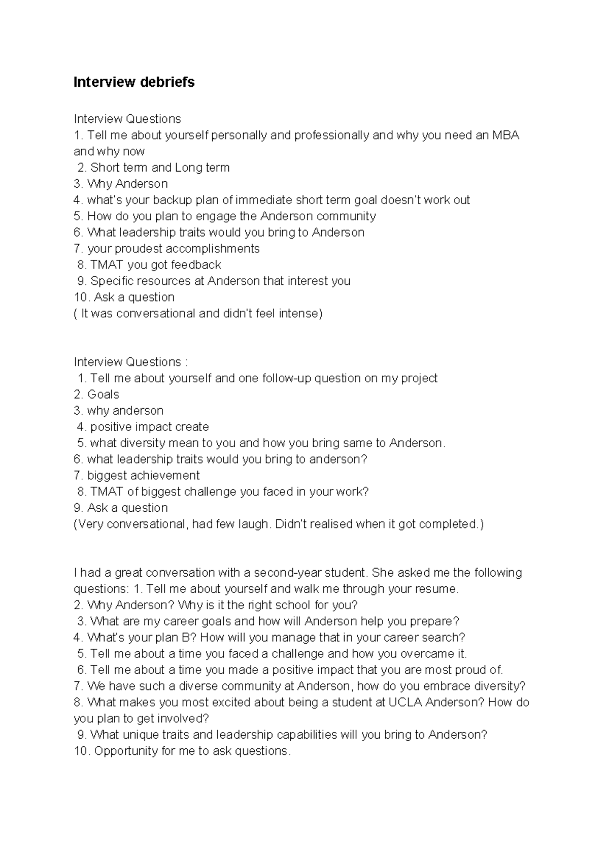 Anderson - MBA Interview Debriefs and Questions - Studocu