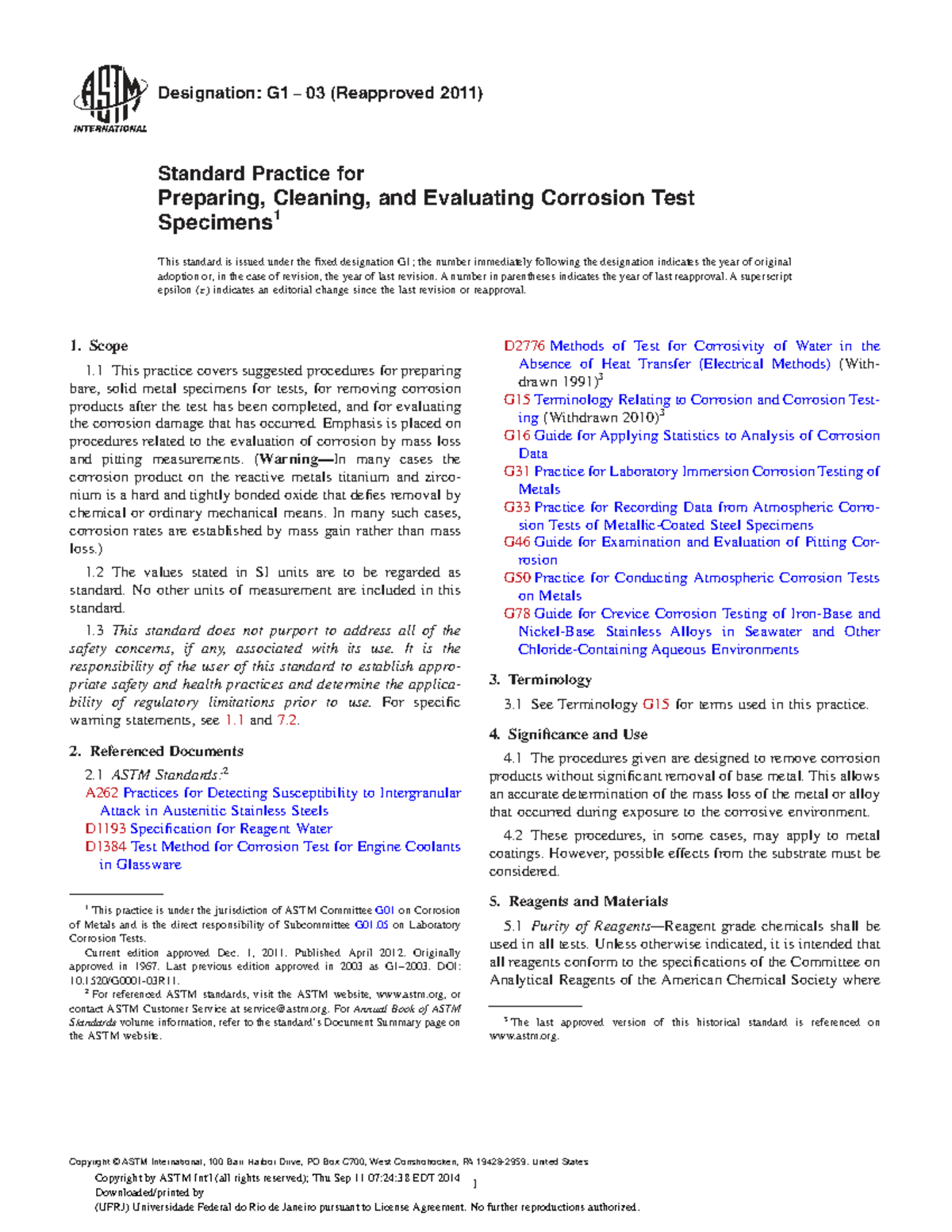 ASTM G1 03 (2011) Standard Practice for Corrosion Test Specimens - Document Preview