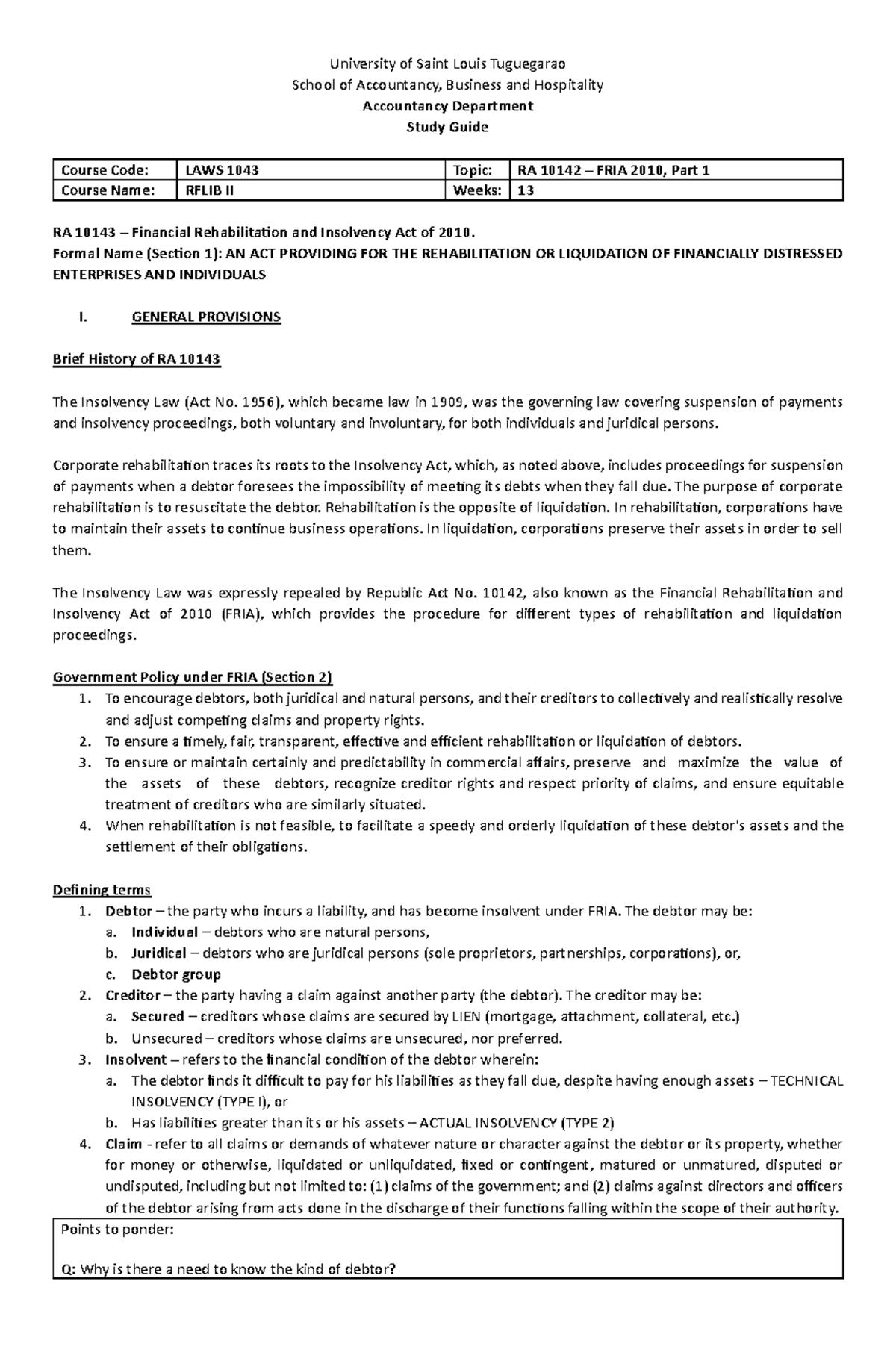 LAWS 1043 - Study Guide on FRIA 2010 Part 1 Overview - Studocu