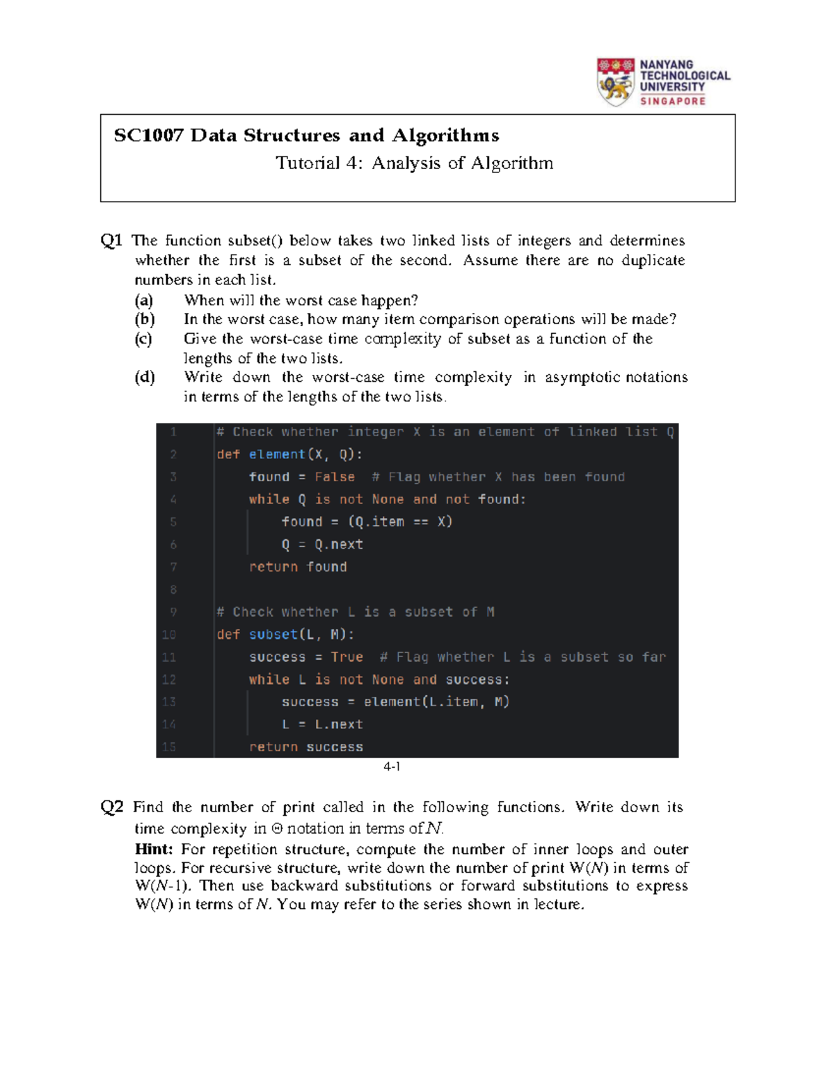 SC1007 Data Structures & Algorithms Tutorial 4: Algorithm Analysis ...