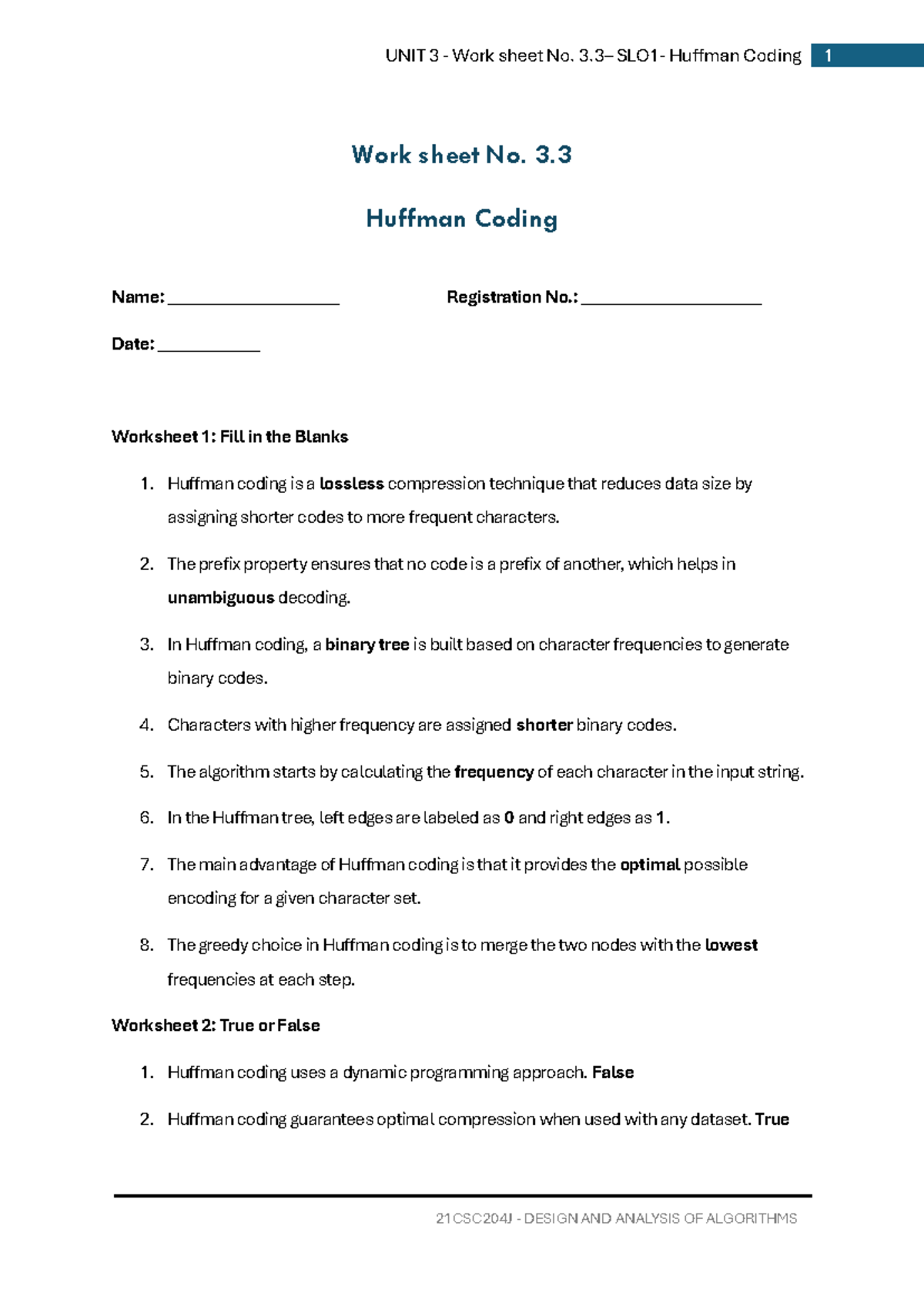 21CSC204J Unit 3 Worksheet: Huffman Coding Exercises - Studocu