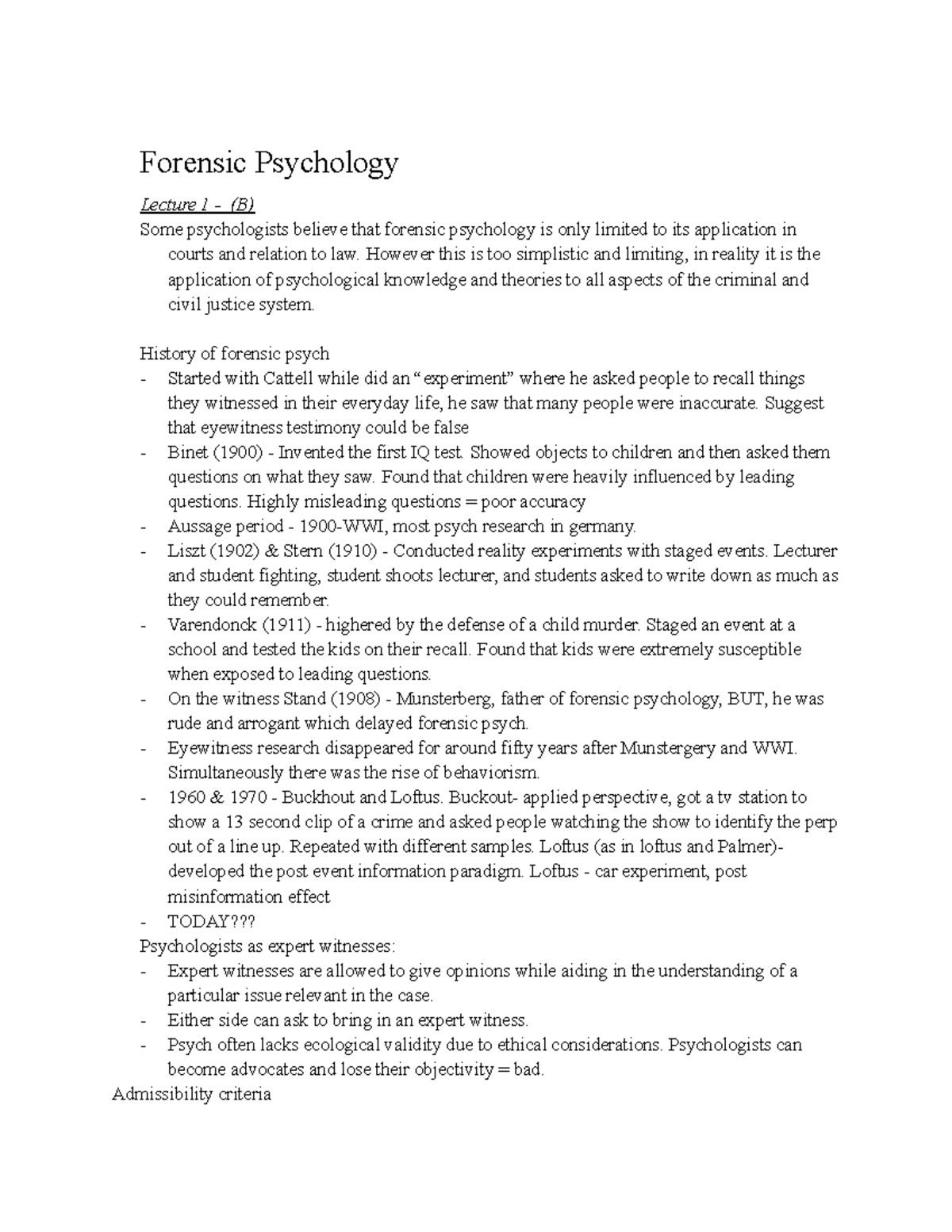 Forensic Psychology Lecture Notes: PSYCH1001 Overview and Key Concepts ...