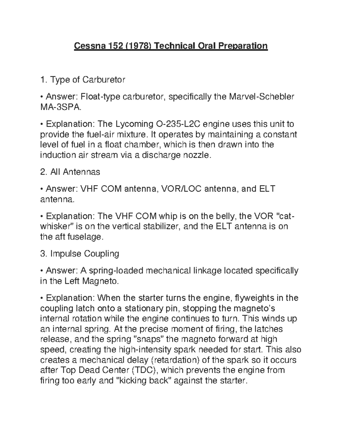 Cessna 152 (1978) Technical Oral Prep: Key Systems & Components - Studocu