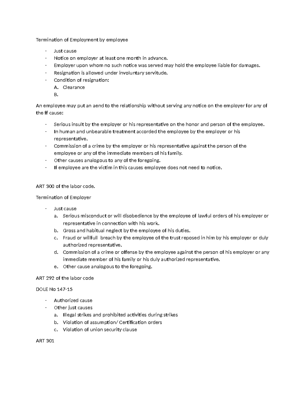 Termination of Employment: Just Causes and Notice Requirements - Studocu