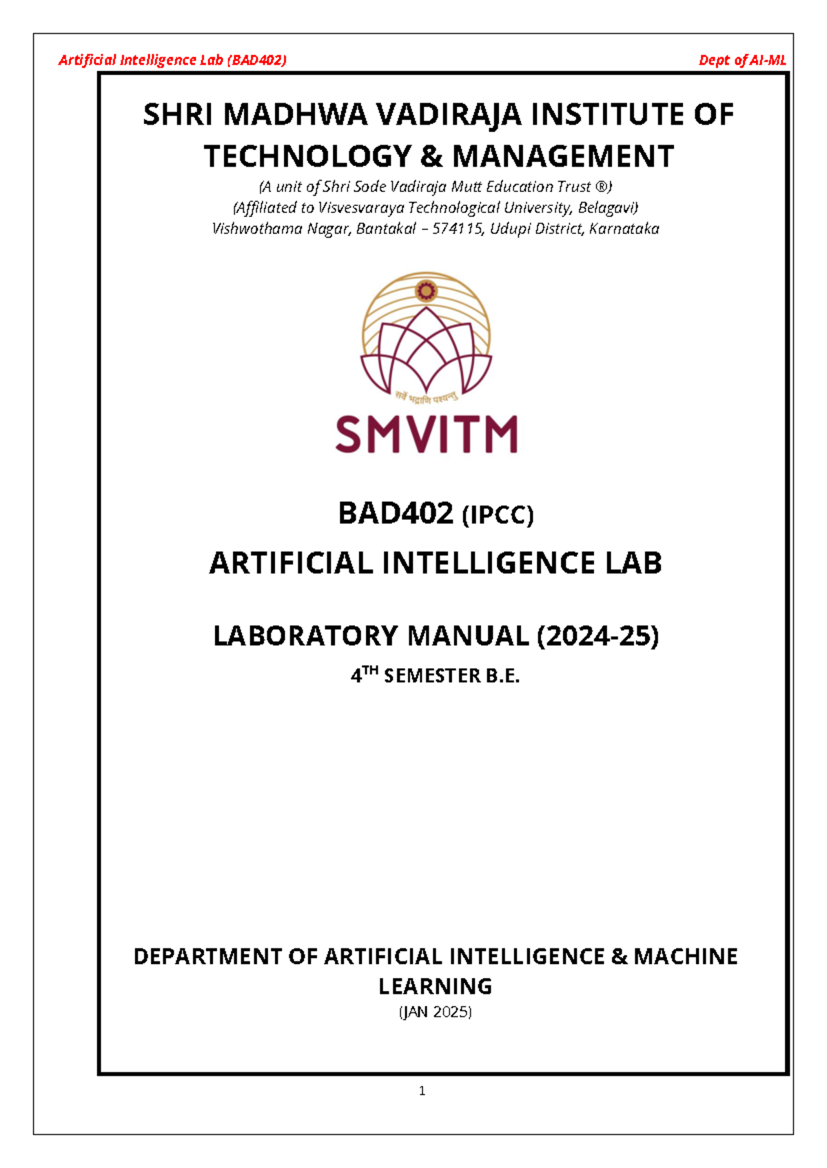 Artificial Intelligence Lab Manual (BAD402) - 4th Sem B.E. - Studocu