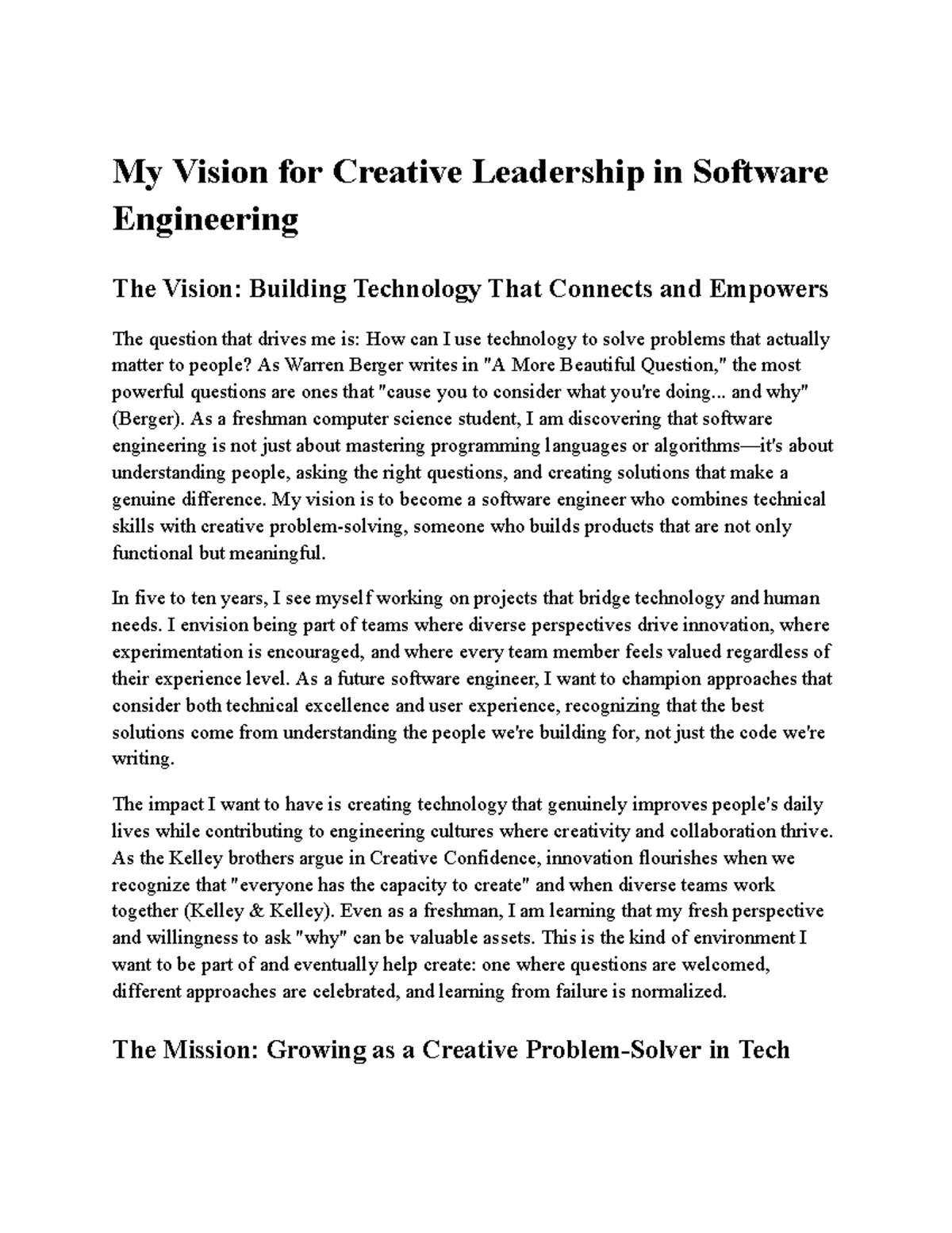 CS 101: Vision Statement Draft for Creative Leadership in Software ...