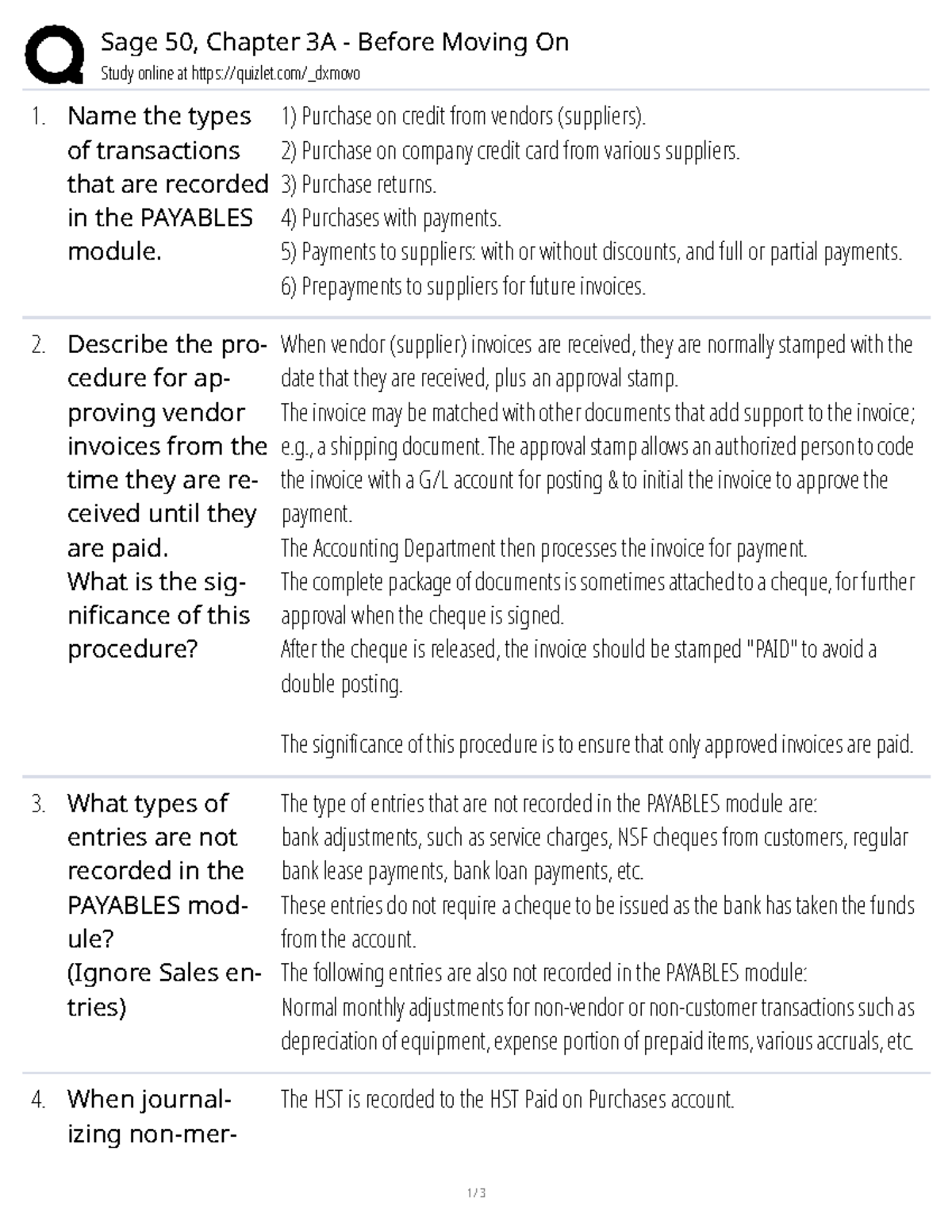 Sage 50 ACC 3A Chapter 3A Payables Module Study Guide - Studocu