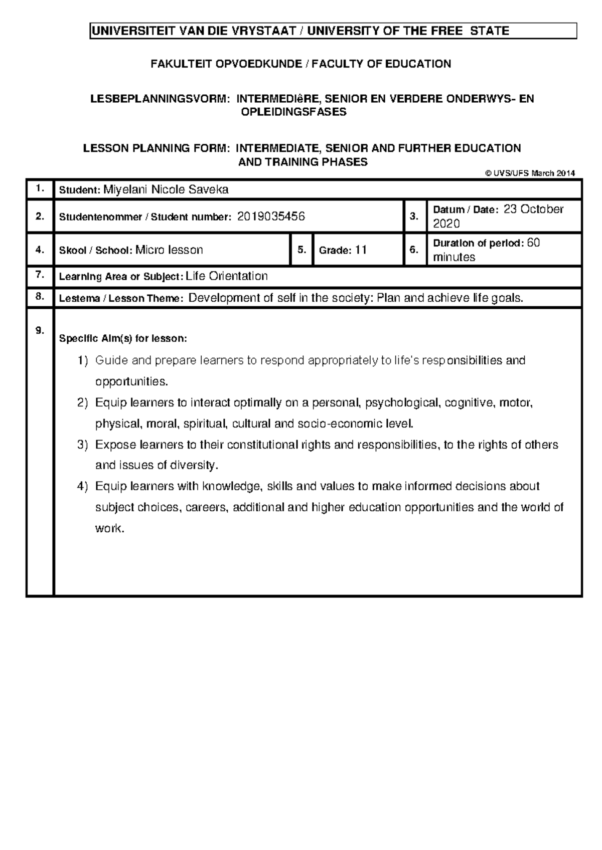**90 Lesson Plan & Reflection Template for Life Orientation (Grade 11 ...