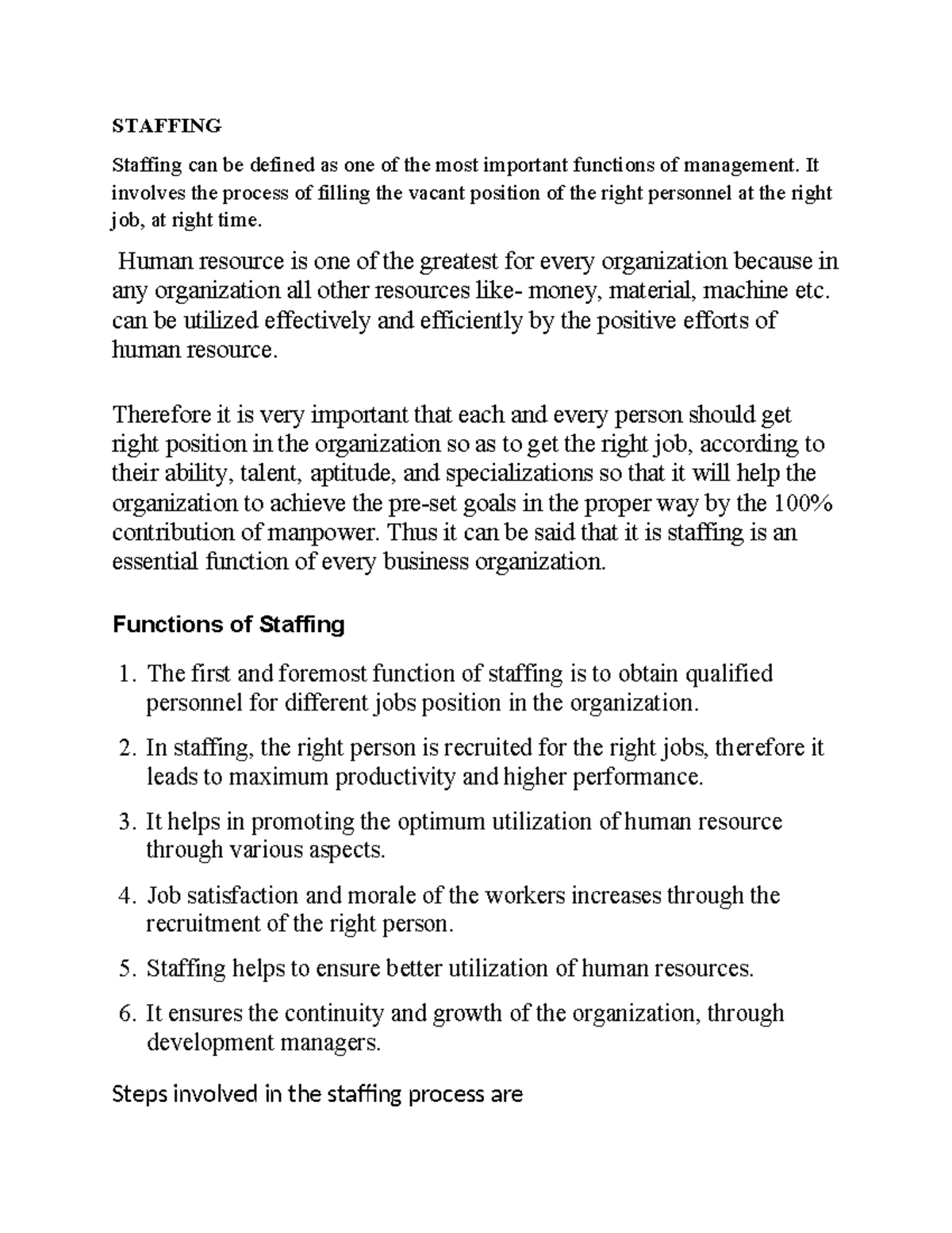 Staffing Process: Key Functions and Importance in Management - Studocu