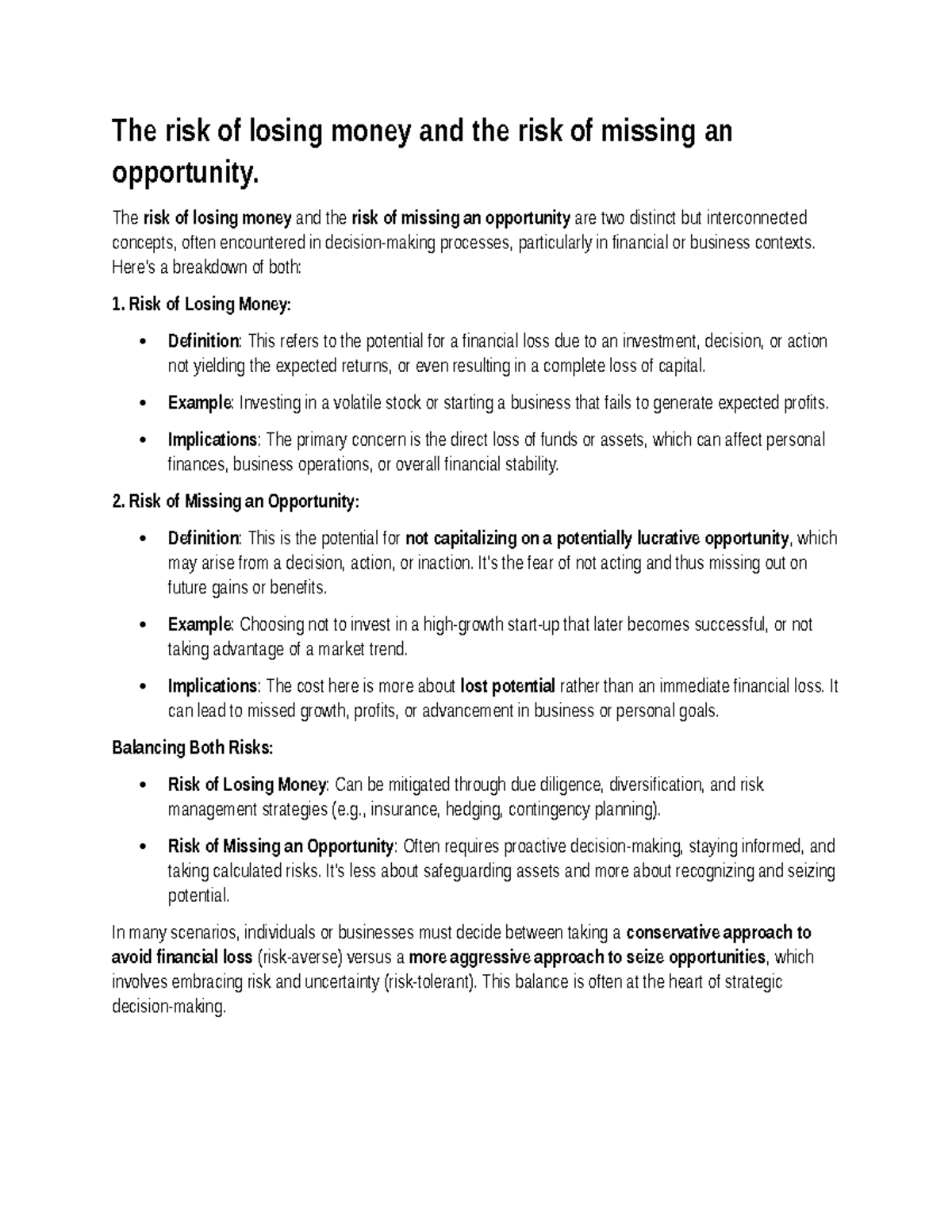 Balancing Financial Risks: Losing Money vs. Missing Opportunities - Studocu