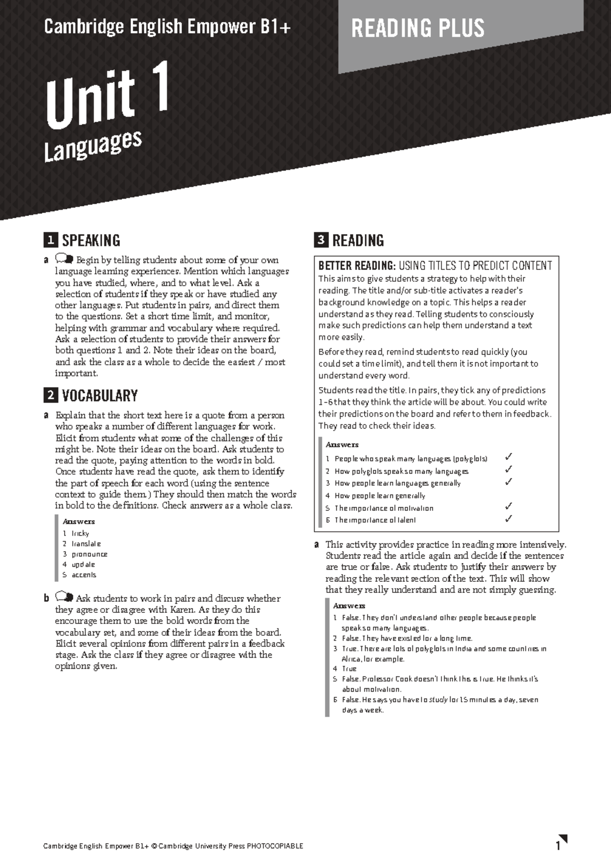 Cambridge English Empower B1+ READING PLUS Teaching Notes - Studocu