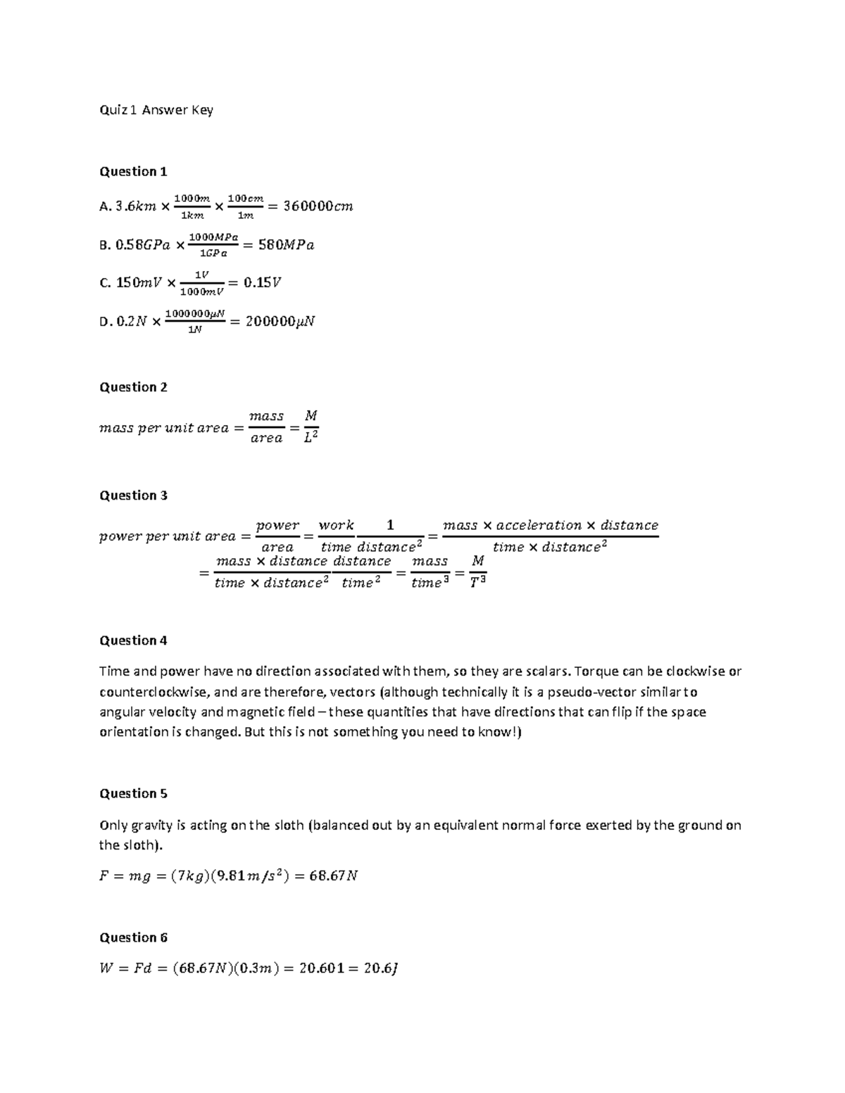 Quiz 1 Answer Key - Physics Concepts and Calculations - Studocu