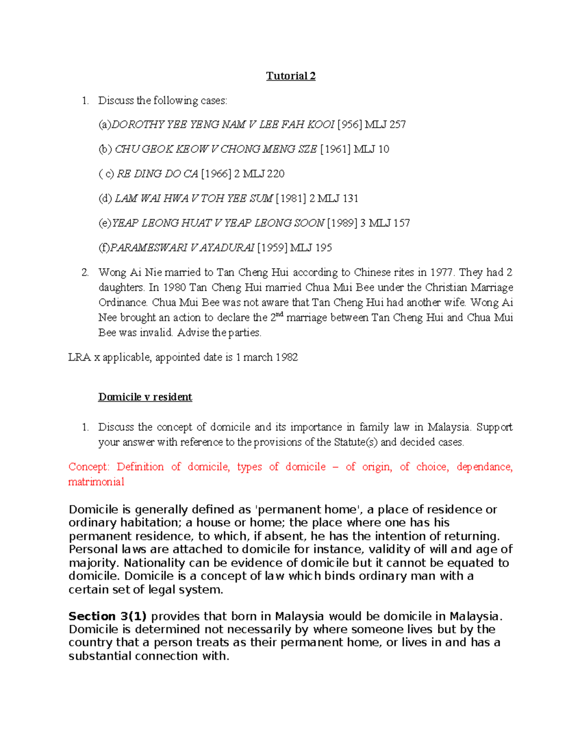 Tutorial 2: Domicile and Family Law Cases in Malaysia Analysis - Studocu