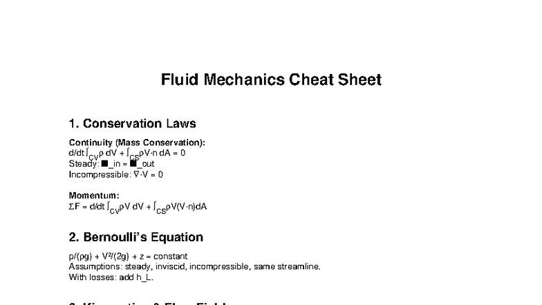 Fluid Mechanics Cheat Sheet: Conservation Laws & Key Concepts - Studocu
