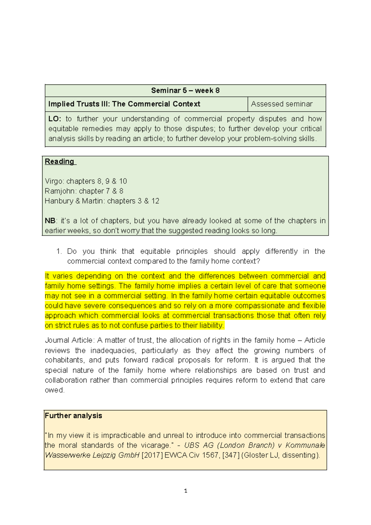 Implied Trusts III The Commercial Context - Equity and trusts - Seminar ...