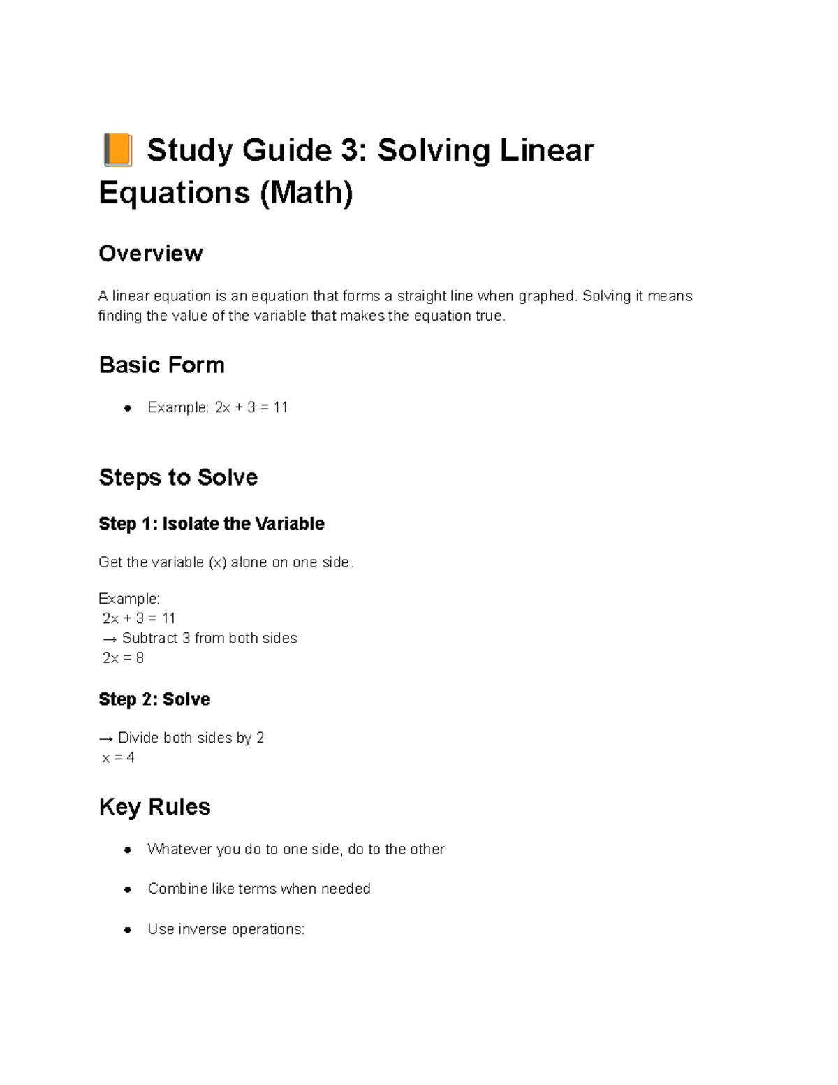Study Guide 3: Solving Linear Equations (MATH) Overview - Studocu
