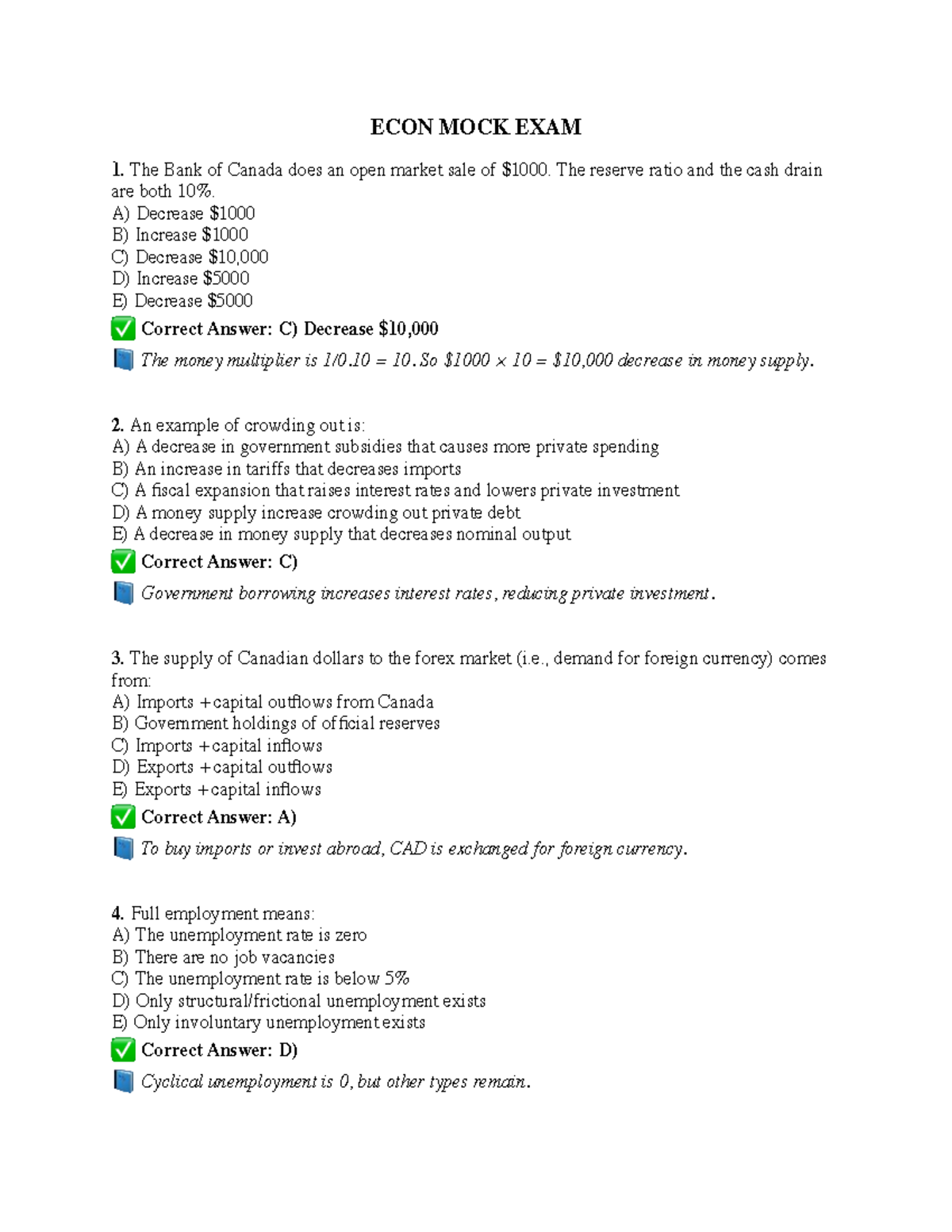 ECON 101 MOCK EXAM: Key Concepts and Multiple Choice Questions - Studocu