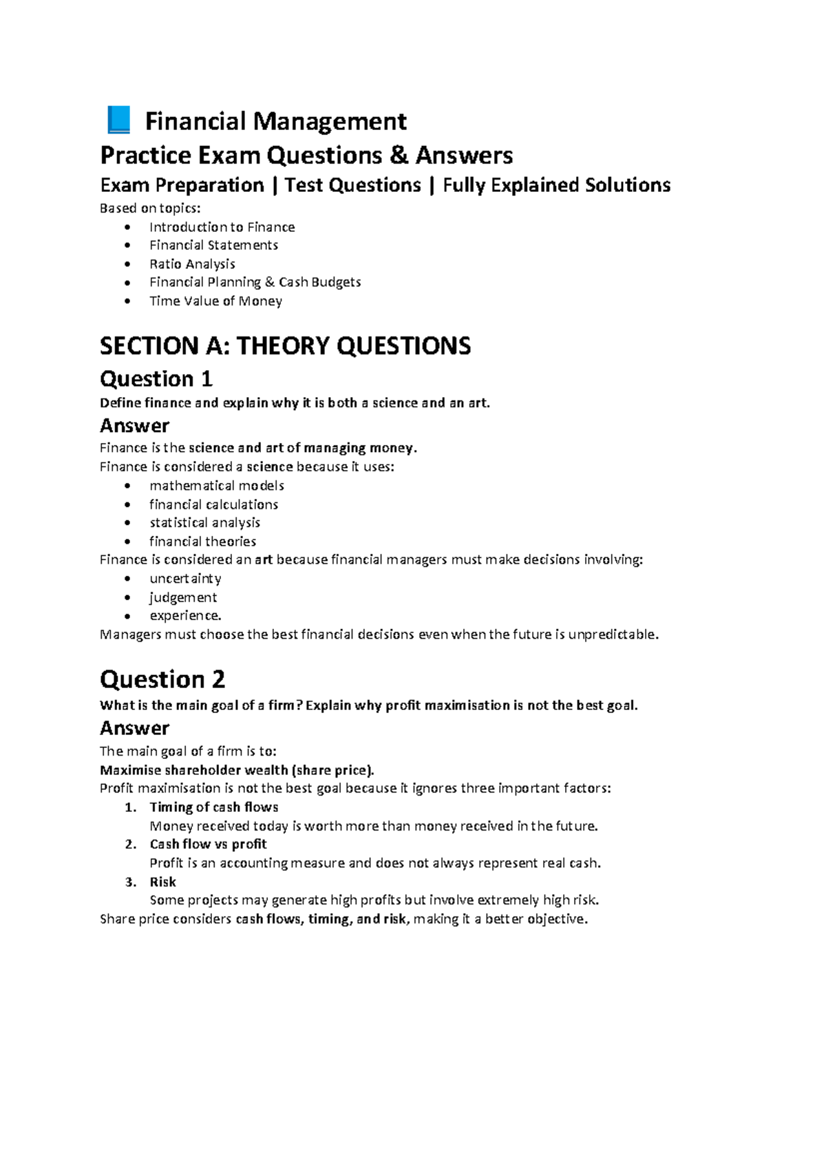 Financial Management Practice Exam Q&A: TVM, Ratios & Cash Budgets ...