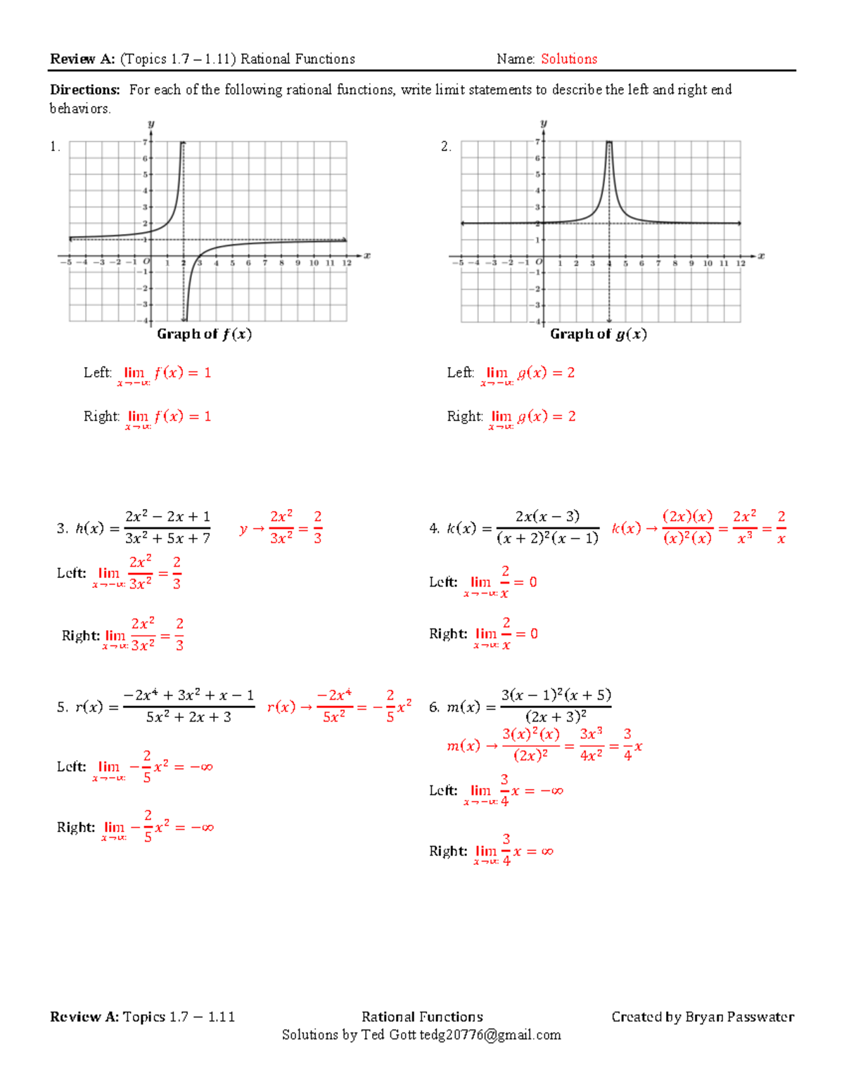 Review A: Key Topics 1.7 - 1.11 on Rational Functions Solutions - Studocu