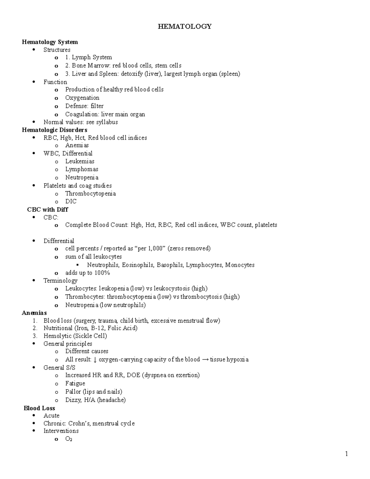 Hematology Study Guide: Key Concepts and Disorders Overview - Studocu