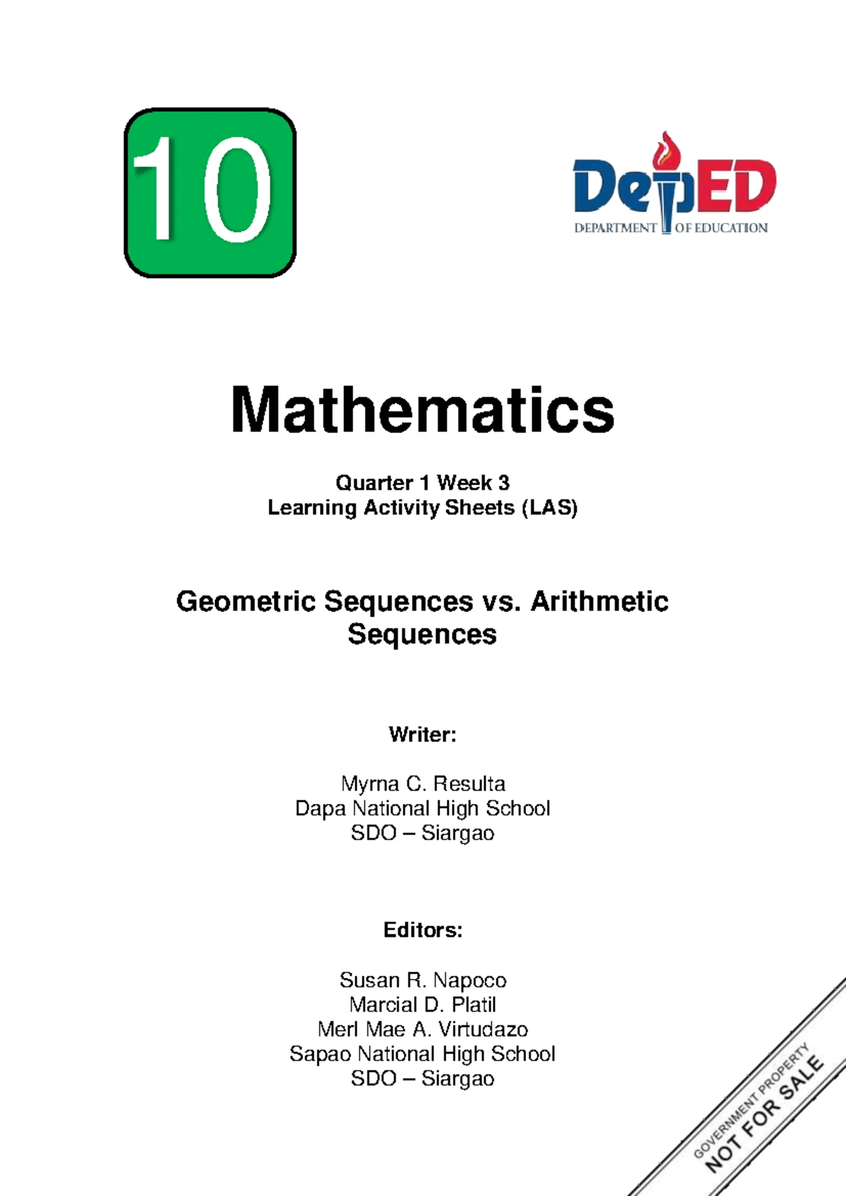 Math 10 Q1 WEEK 1 - Learning Activity on Sequences and Patterns - Studocu