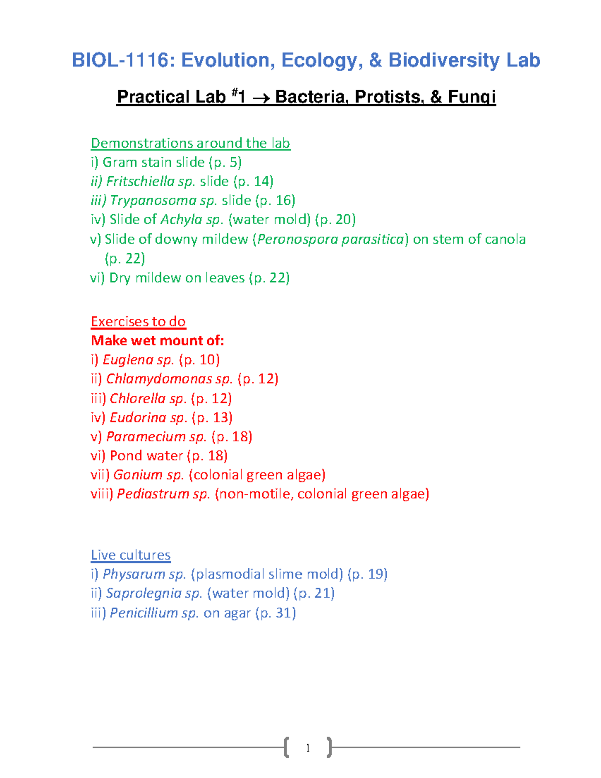 BIOL-1116 Lab Practical #1: Exploring Bacteria, Protists & Fungi - Studocu