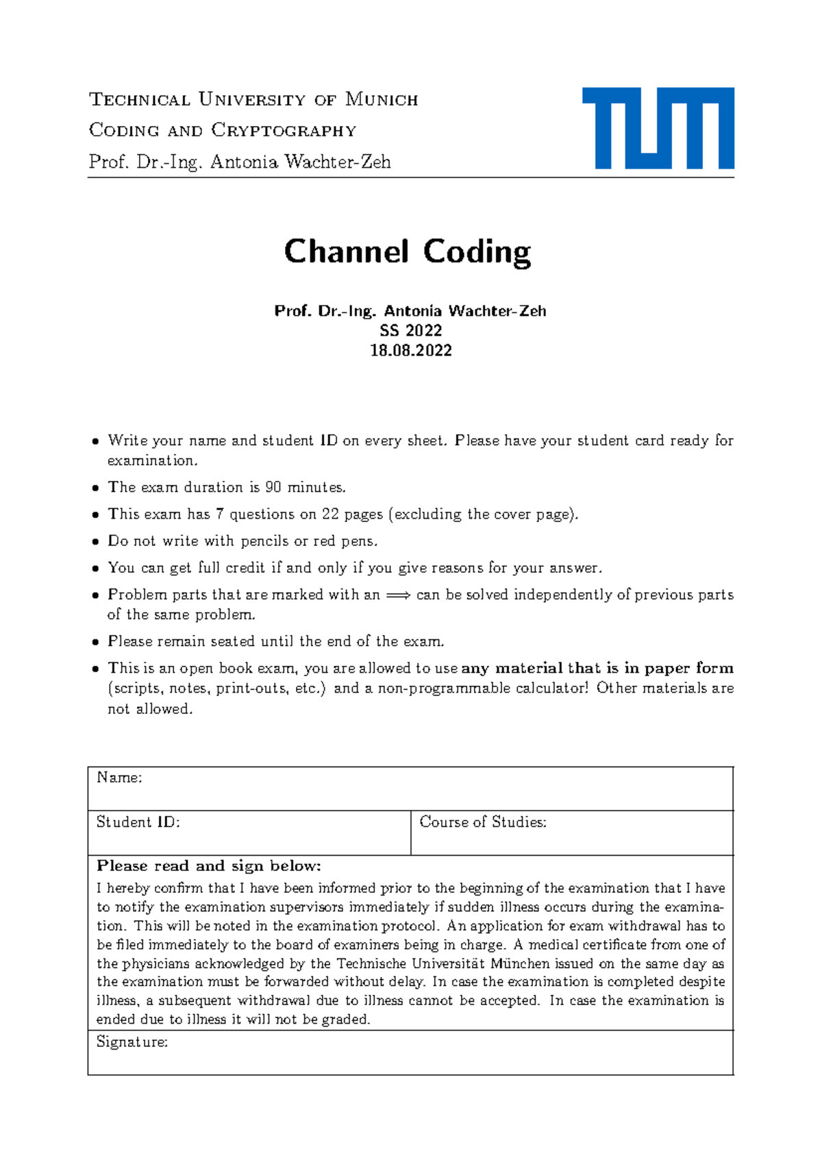 Final Exam: Coding and Cryptography (SS 2022) - TUM - Studocu