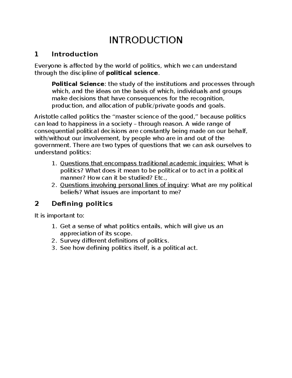 Introduction to Political Science Concepts - POLS 101 - Chapter 1 Notes ...