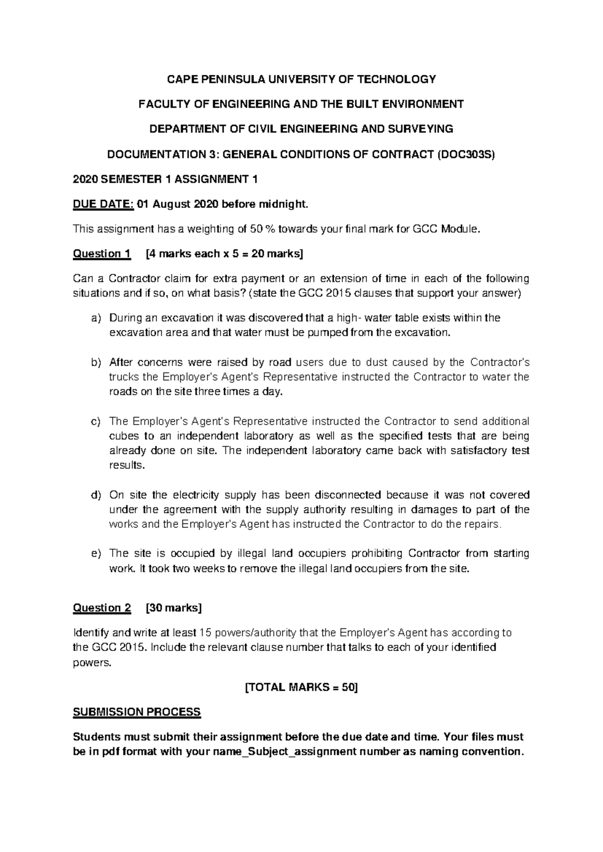 2020 Sem 1 GCC Module Assignment 1: General Conditions of Contract ...