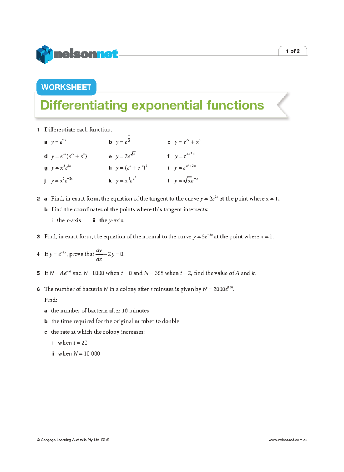 MATHS11 Worksheet: Differentiating Exponential Functions & Tangents ...