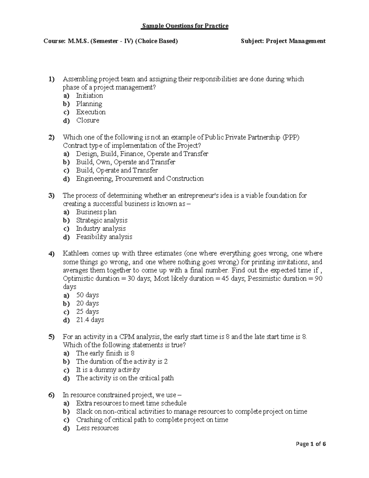 Project Management Exam Set 2 - MMS IV - Studocu