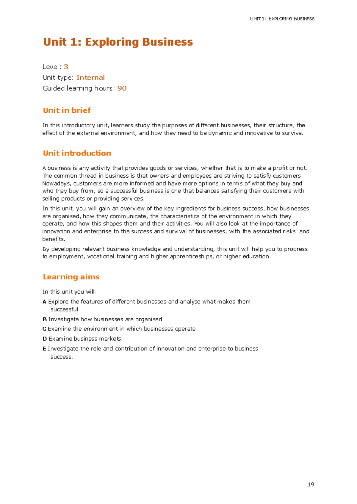 BTEC Level 3 Unit 1 Assignment Brief - Exploring Business Overview ...