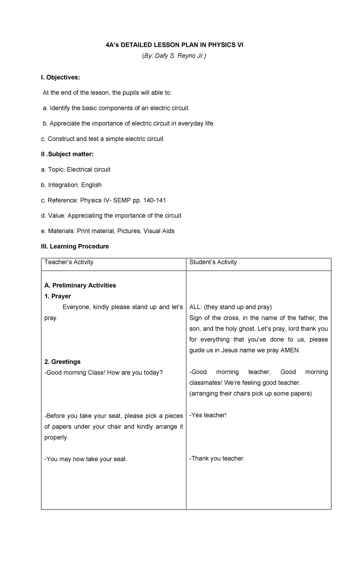 Detailed Lesson Plan for Physics VI: Understanding Electric Circuits ...