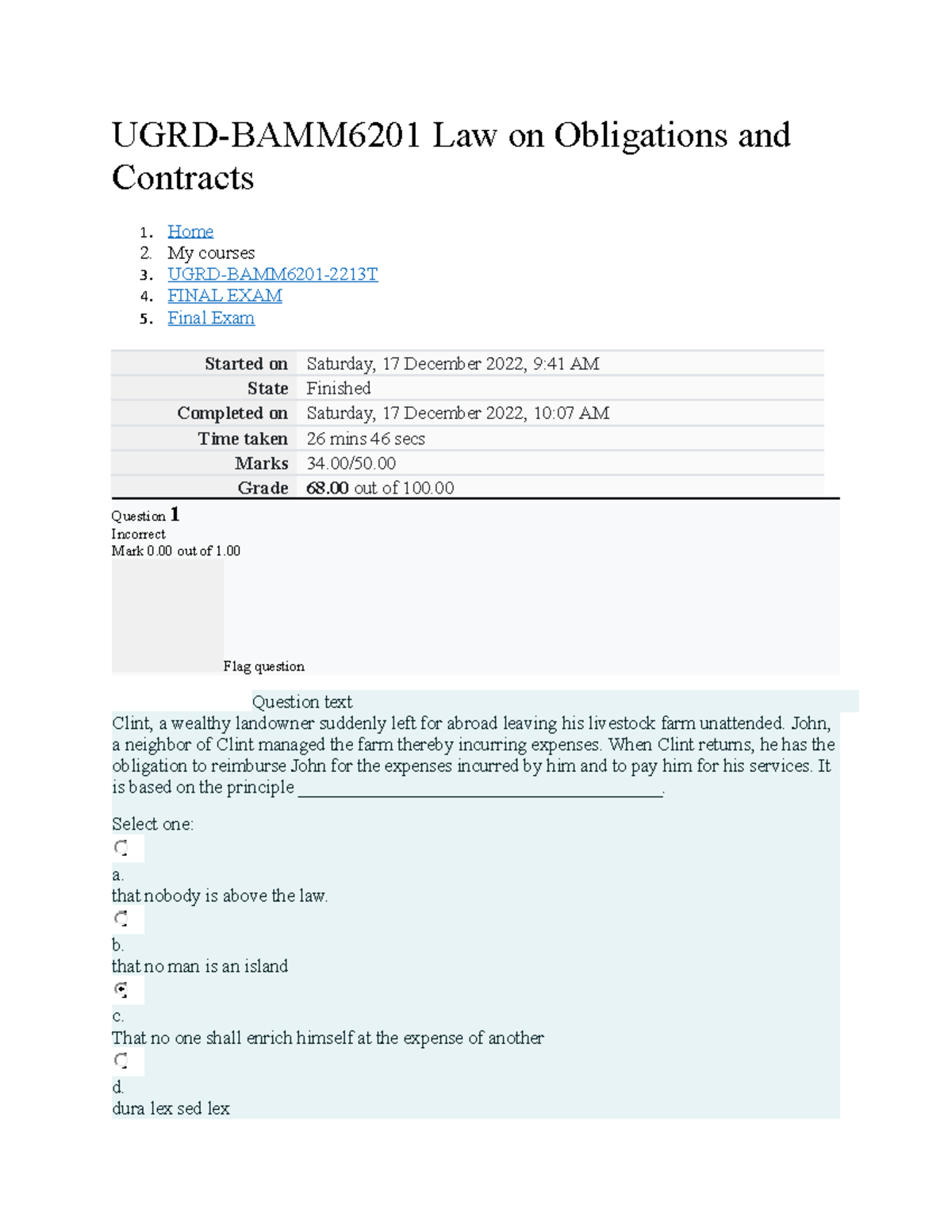UGRD-BAMM6201 Final Exam Review on Law of Obligations & Contracts - Studocu