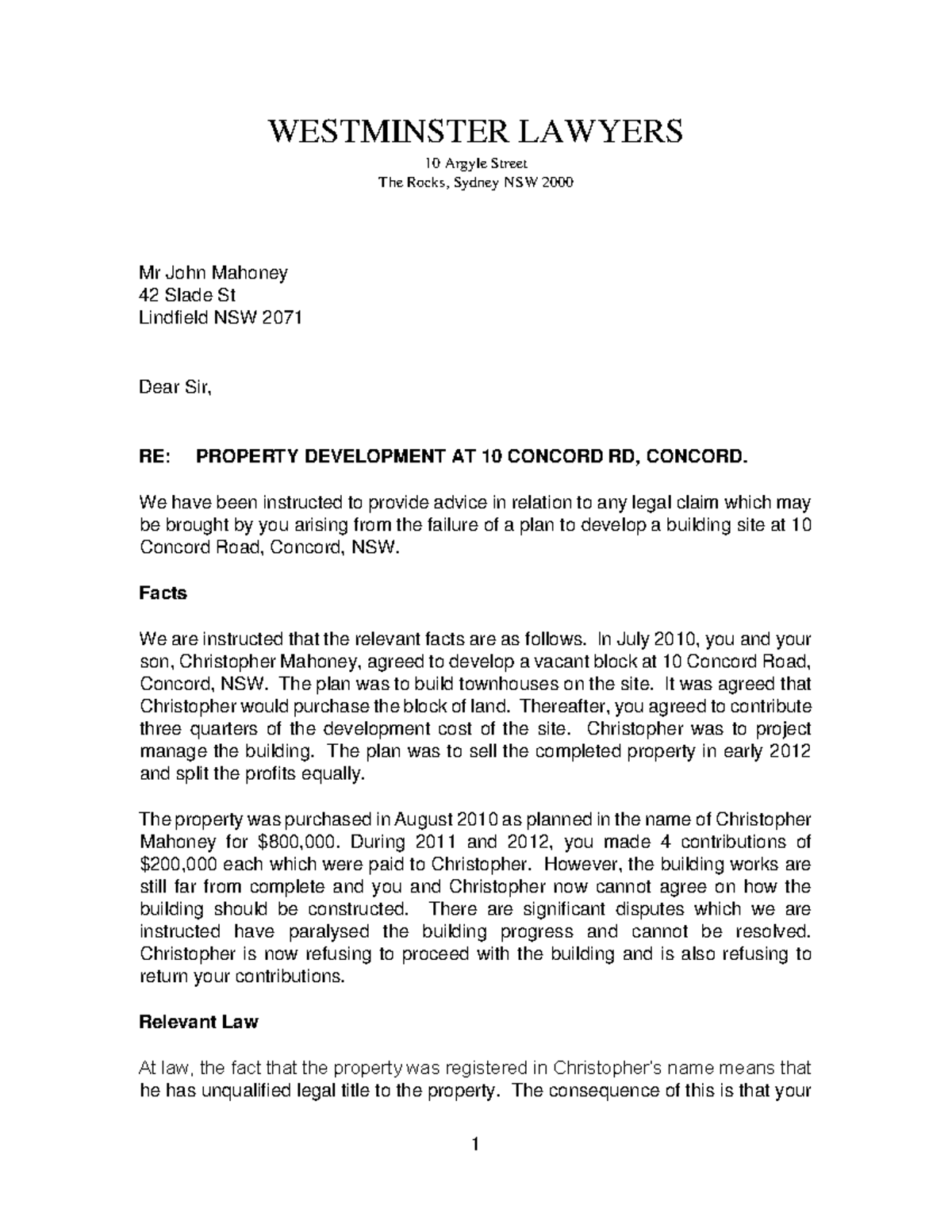 Example of Client Advice for Assignment - 1 WESTMINSTER LAWYERS 10 ...