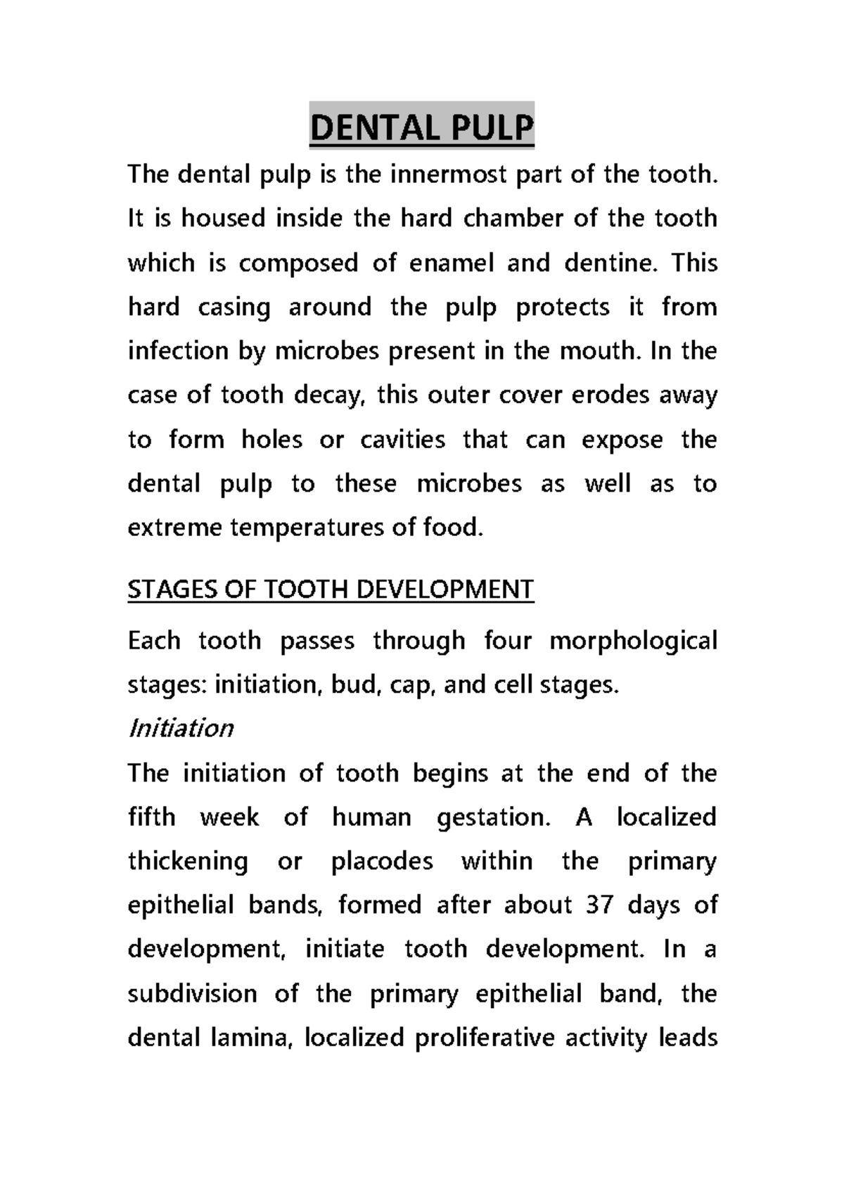 Dental Pulp Development and Structure - Class Notes DENT 101 - Studocu