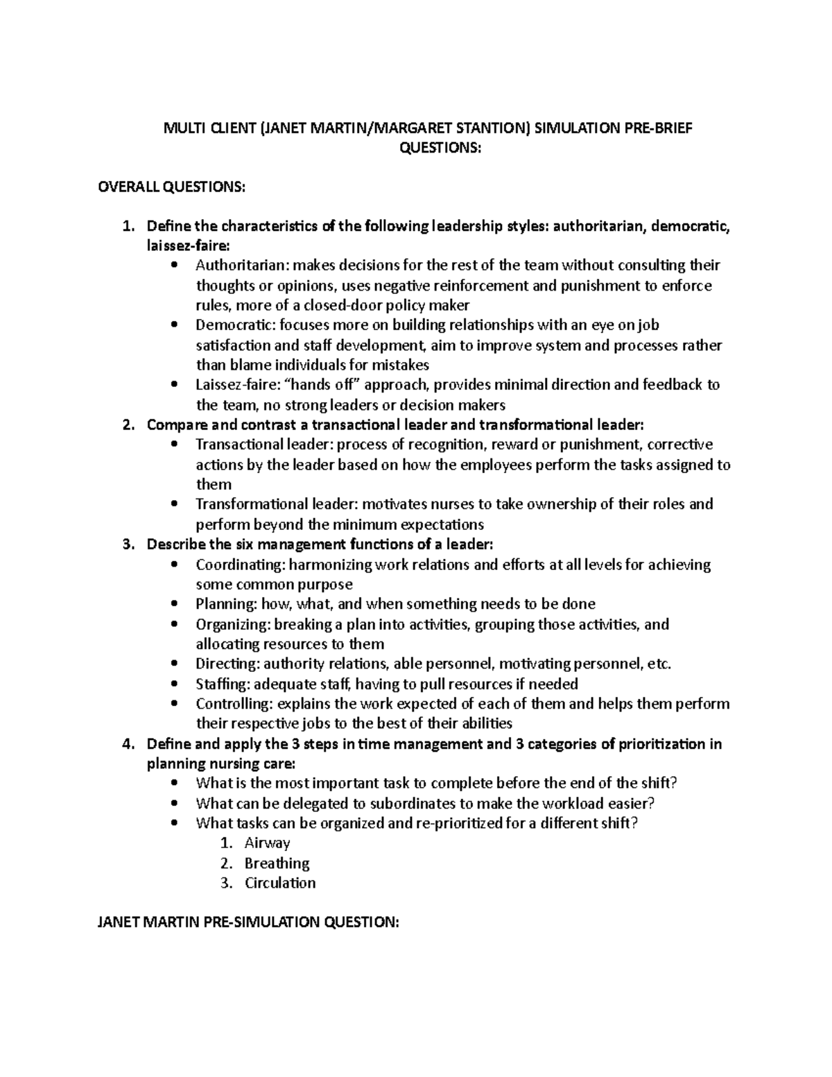 Multi-Client Simulation Pre-Brief: Leadership and Patient Care Analysis ...