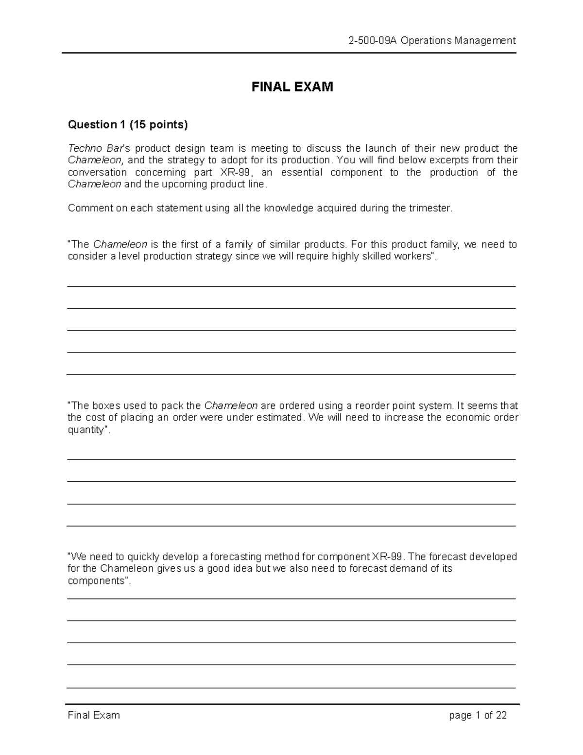 Session 12s - Final exam for review - Operations Management FINAL EXAM ...