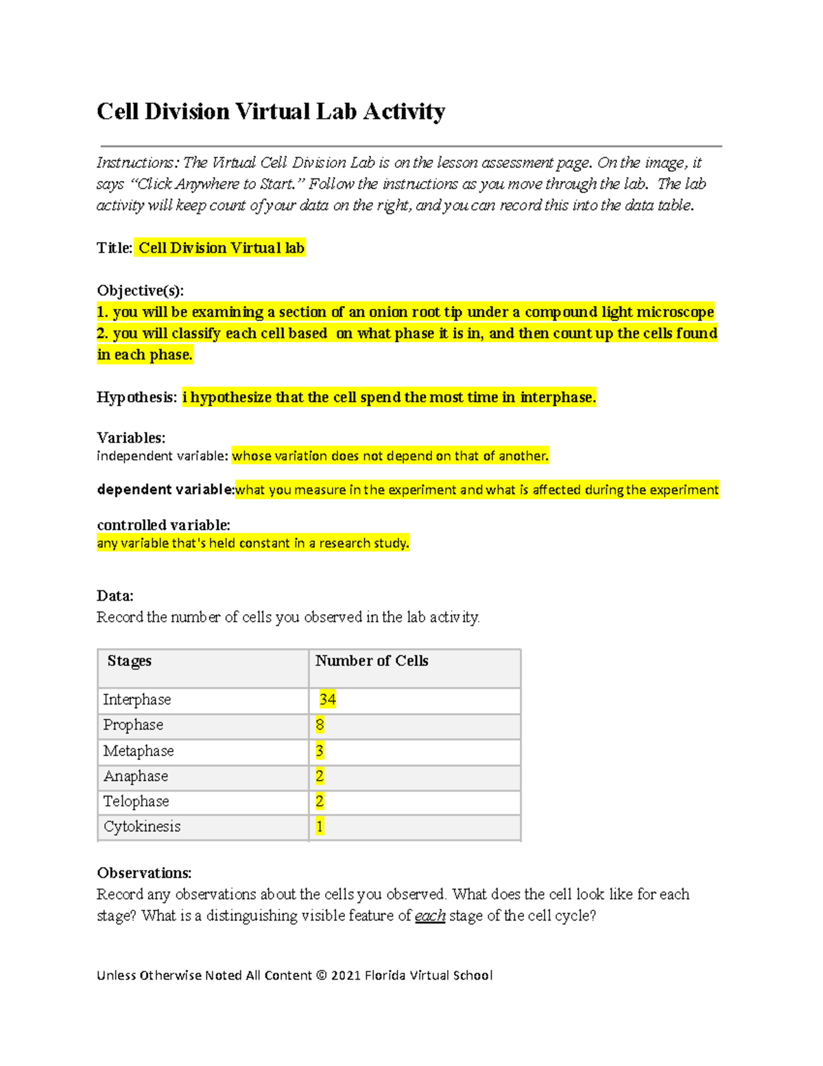 03 01 Virtual Cell Division Lab Report and Data Analysis - Studocu