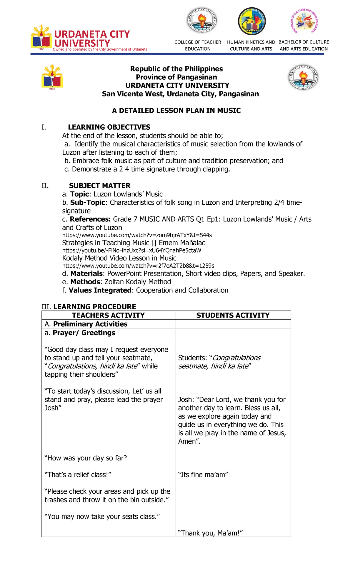 DLP: Detailed Lesson Plan in Music (Grade 7) - Luzon Folk Songs - Studocu