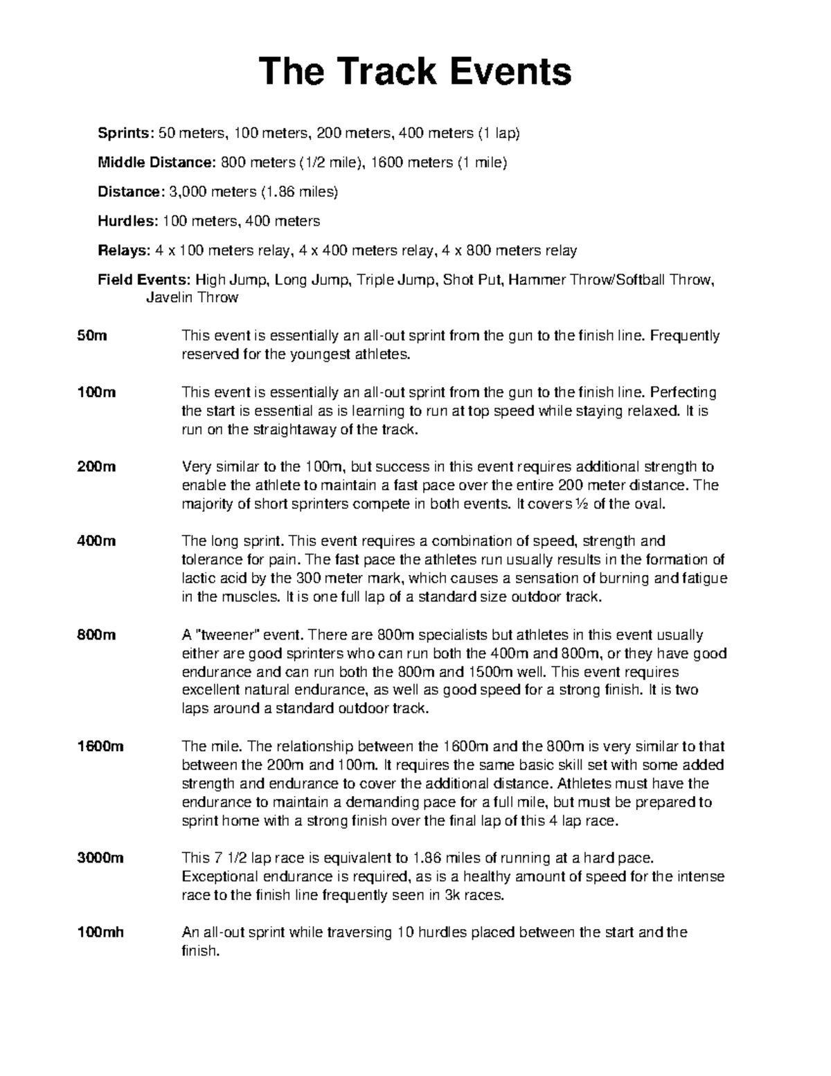 Track Events Description - Sprints: 50 meters, 100 meters, 200 meters ...