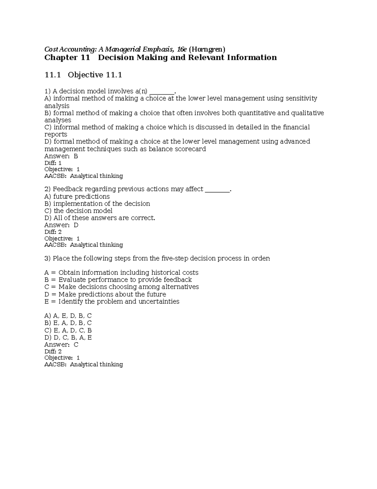 Chapter 11 - Test Bank on Decision Making and Relevant Costs in ...