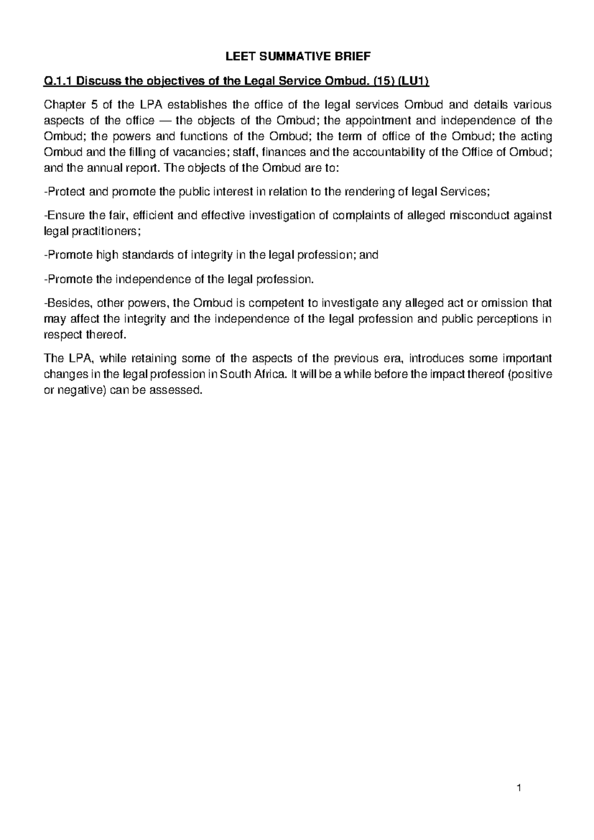Exam leet ans notes - LEET SUMMATIVE BRIEF Q Discuss the objectives of ...