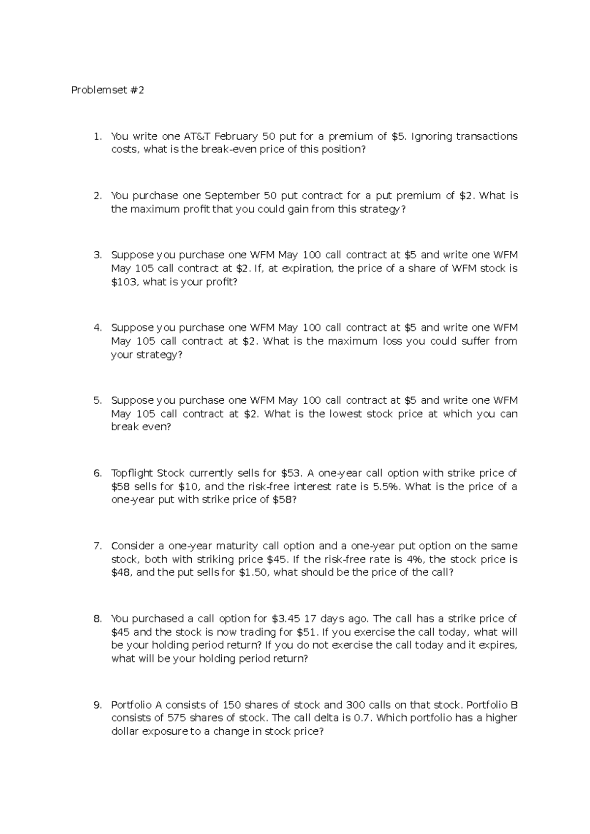 Problem Set - FIN 301 Midterm Exam Problems on Options and Portfolio ...