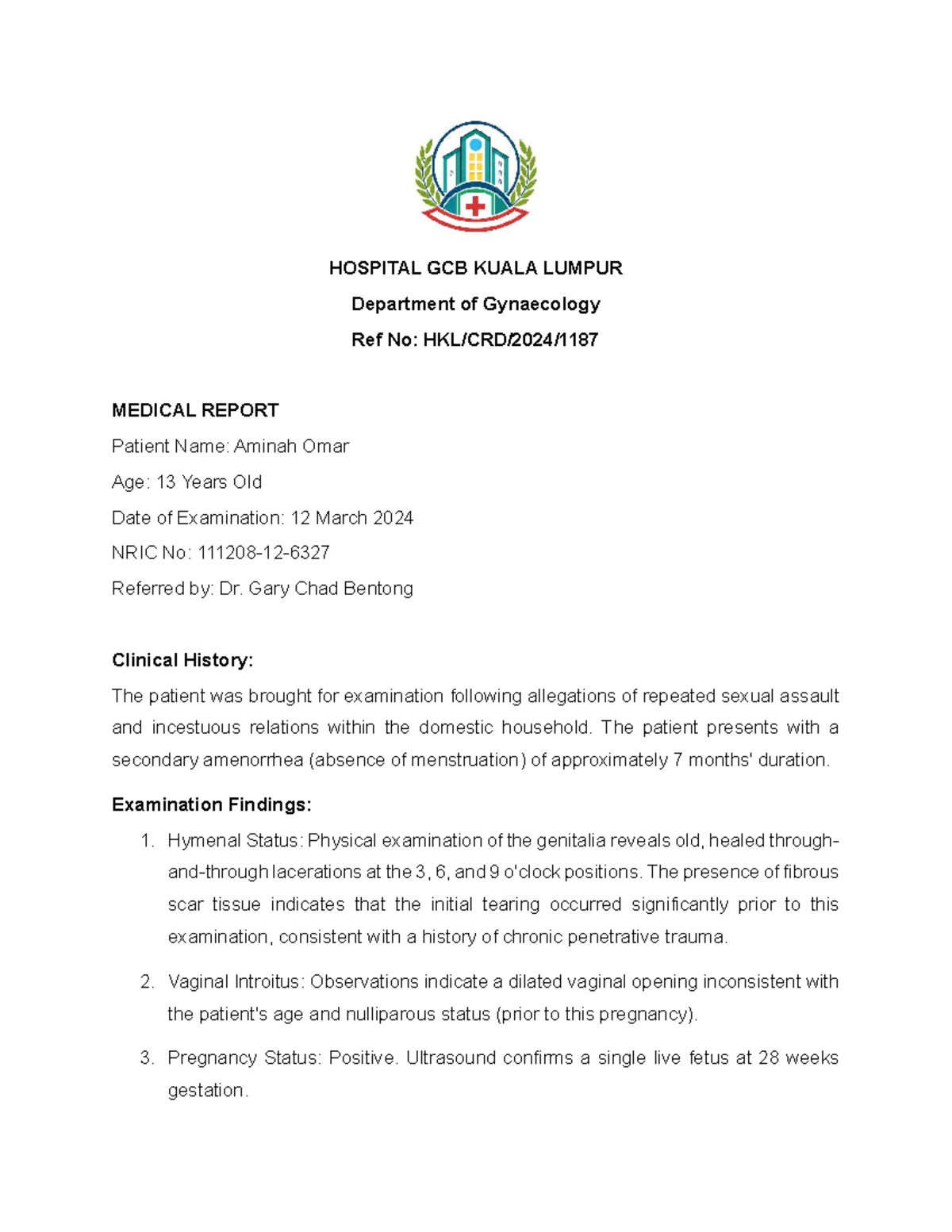 Medical Report: Gynaecology Case Study - Aminah Omar (Ref No: 2024 ...