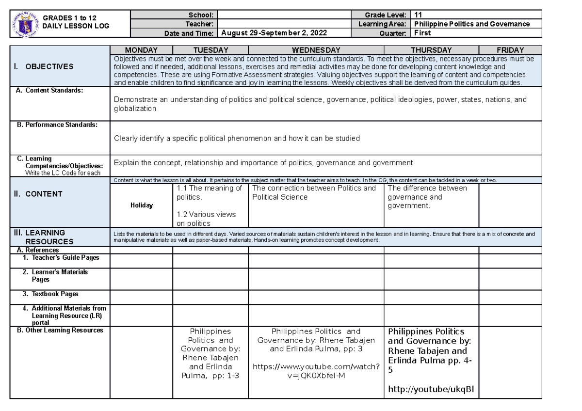 DLL-Politics Week 1 Lesson Plan: Philippine Politics & Governance - Studocu