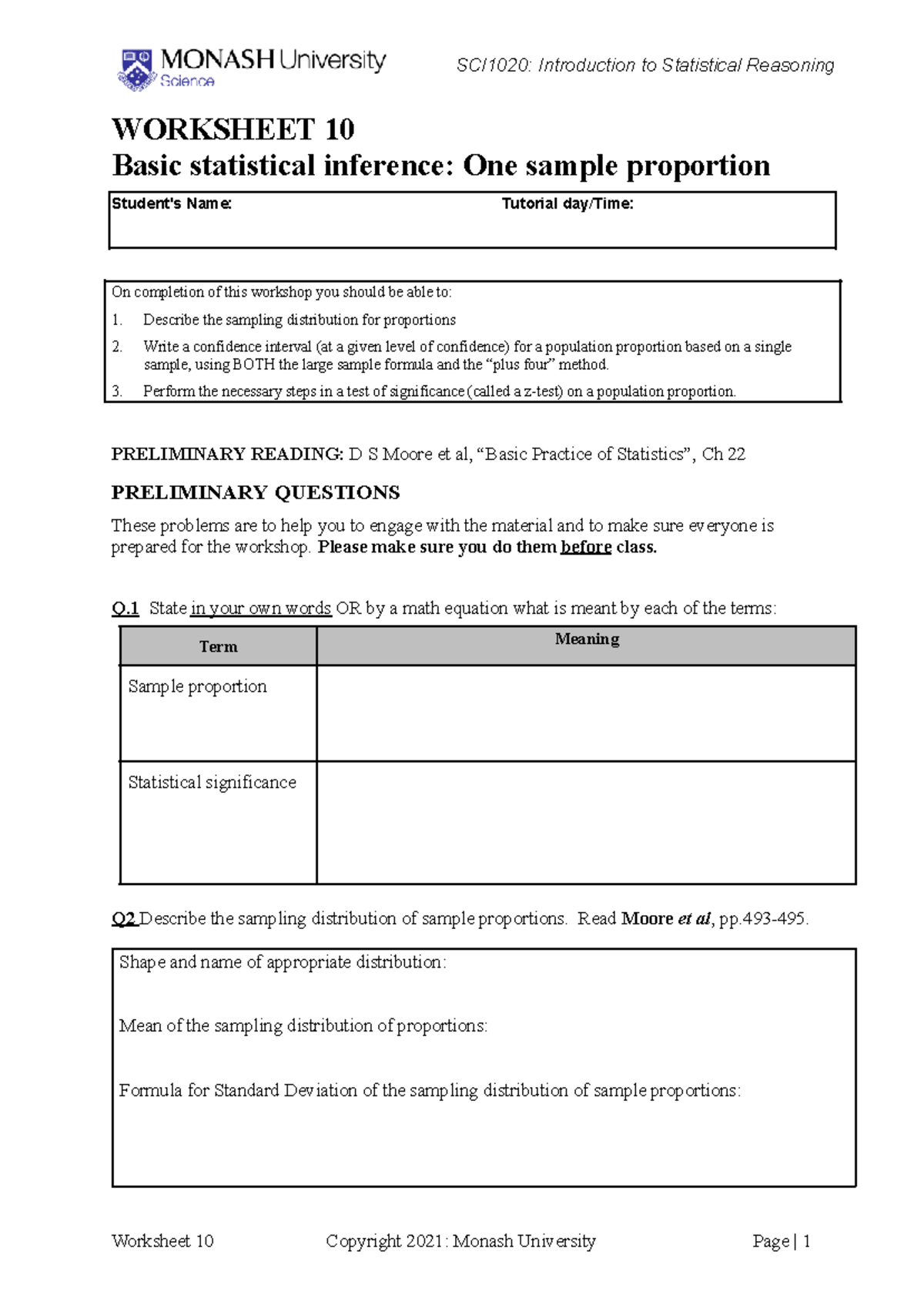 Worksheet 10 - SCI1020: Introduction to Statistical Reasoning WORKSHEET ...