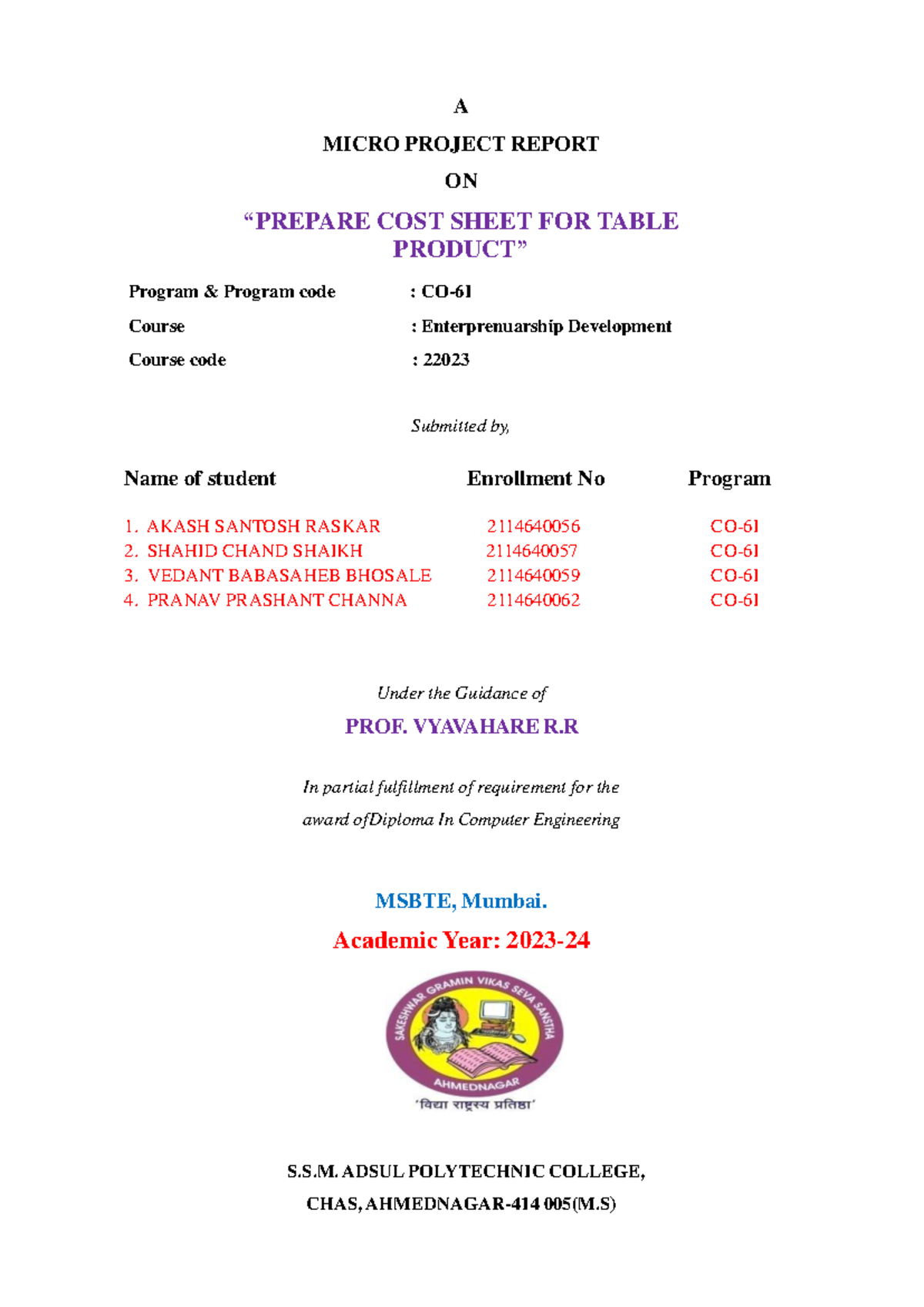 Micro Project Report: Cost Sheet for Table (Course Code: 22023) - Studocu