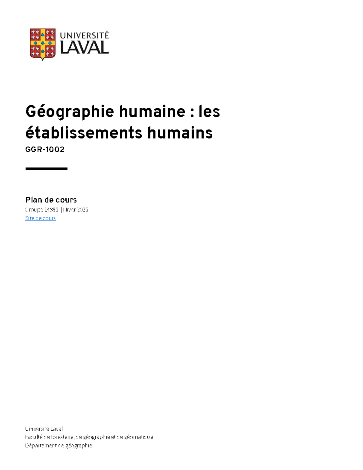 GGR-1002 : Plan de cours en Géographie Humaine - Établissements Humains ...